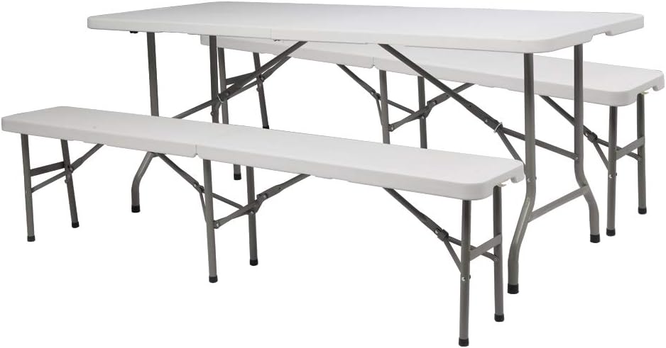 VINGLI 6 FT 3-Piece Portable Picnic Table Bench Set, Weather-Resistant Plastic Folding Camping Beer Table w/Carrying Handles, for Family Garden Patio Outdoor Activities Use, at Home and Commercial