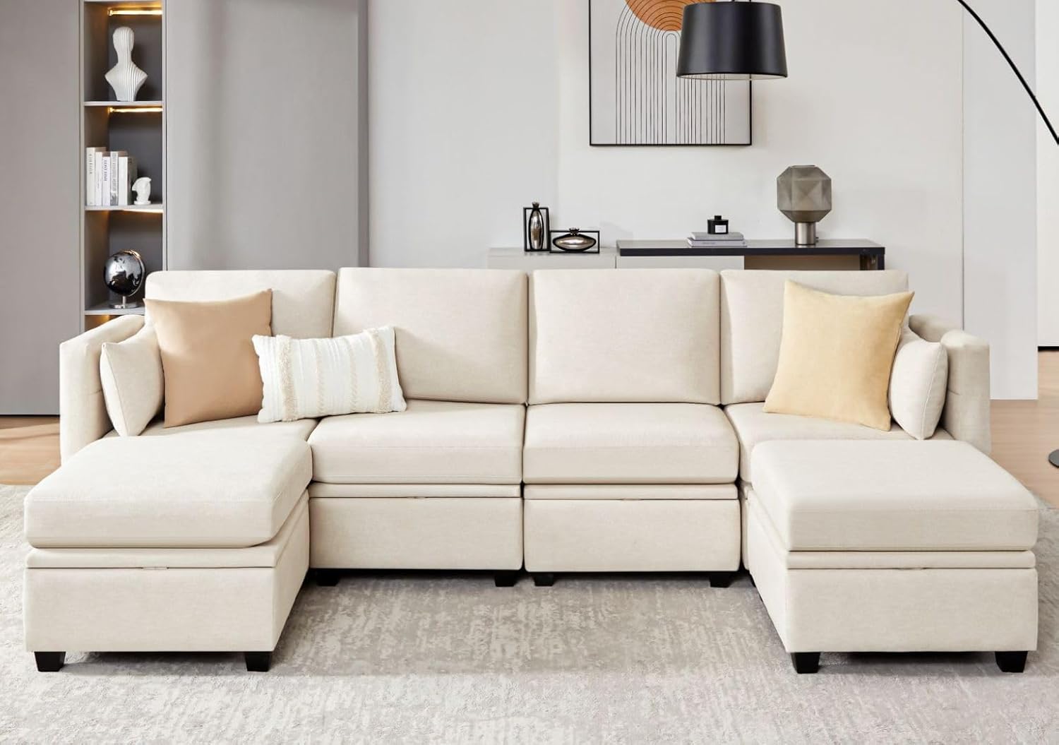 Weture Modular Sectional Sofa with Storage, U Shaped Sectional Couch for Living Room, Convertible Modular Sofa Couch with Ottomans, High Supportive & Soft Sponge, 6 Seat, Beige