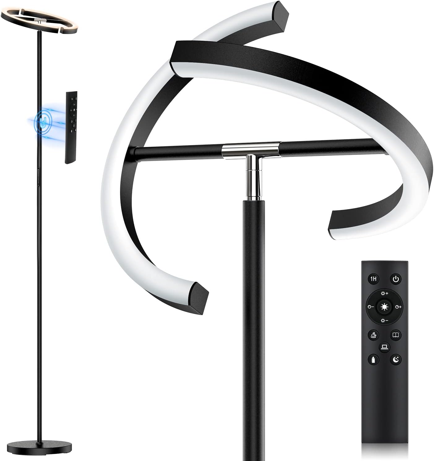 SIBRILLE LED Floor Lamp – Rotatable Standing Lamp with Touch & Remote Control, 3000-6000K, 22W Modern Floor Reading Light, Dimmable Corner Uplighter for Living Room Bedroom Office, Black
