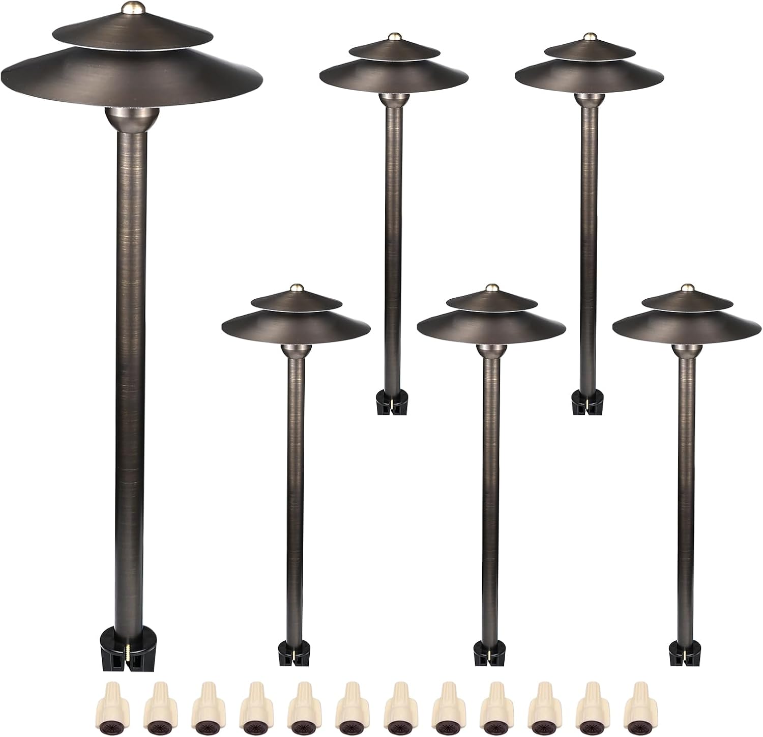 DOSHINE® Solid Brass Low Voltage Landscape Lighting Pathway Lights (8.25″ Shade, 22″ Tall) with Replaceable 3W G4 LED Bulb 3000K AC/DC 12V and Ground Stake for Outdoor Walkway Driveway (DOU, 6-Pack)