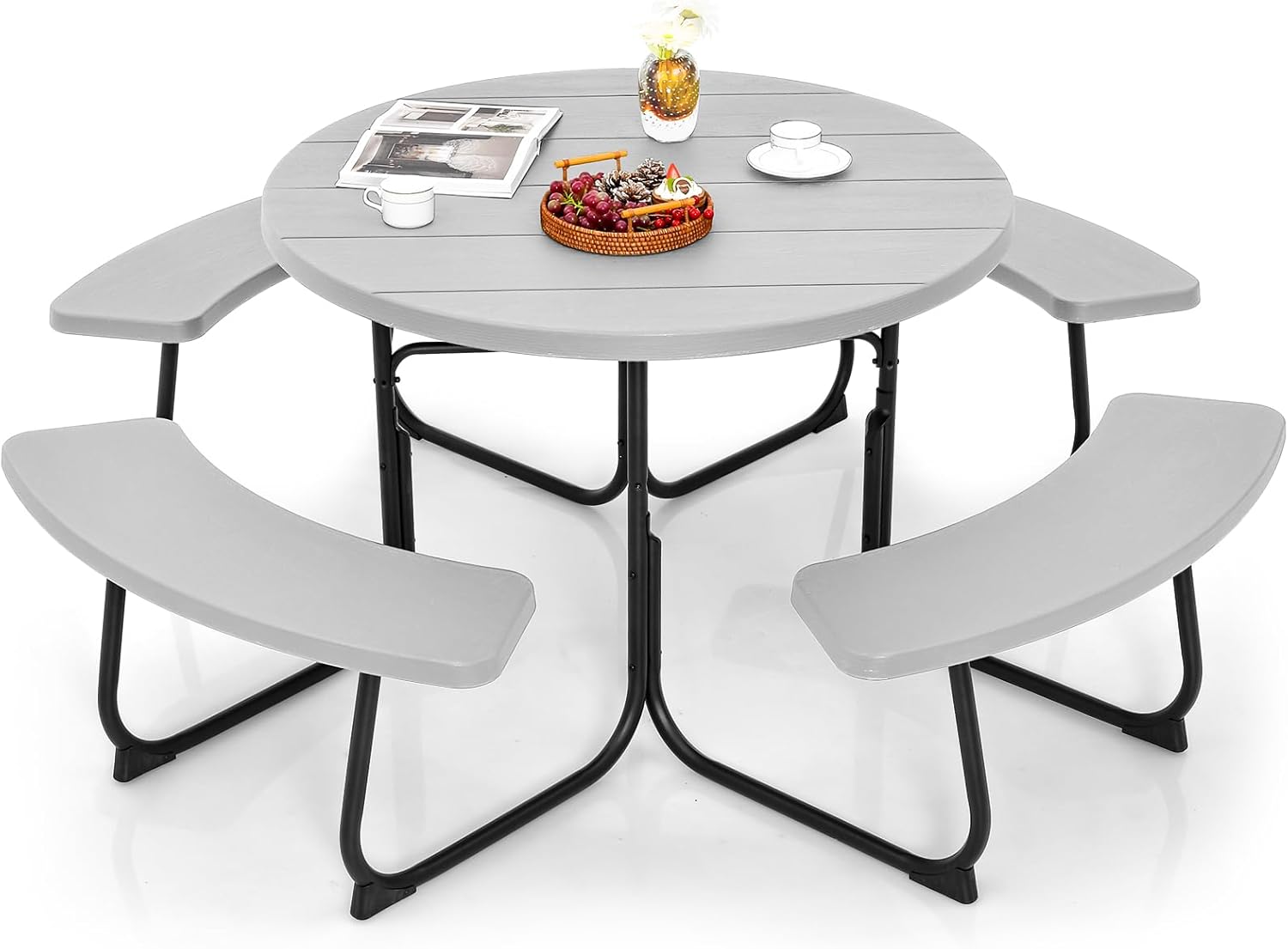 Giantex Picnic Table Set for Up to 8 Persons, Round Outdoor Table and Bench Set with Umbrella Hole, HDPE Top & Metal Frame, 2000LBS Capacity, Patio Table Bench for Deck Backyard Garden (Gray)