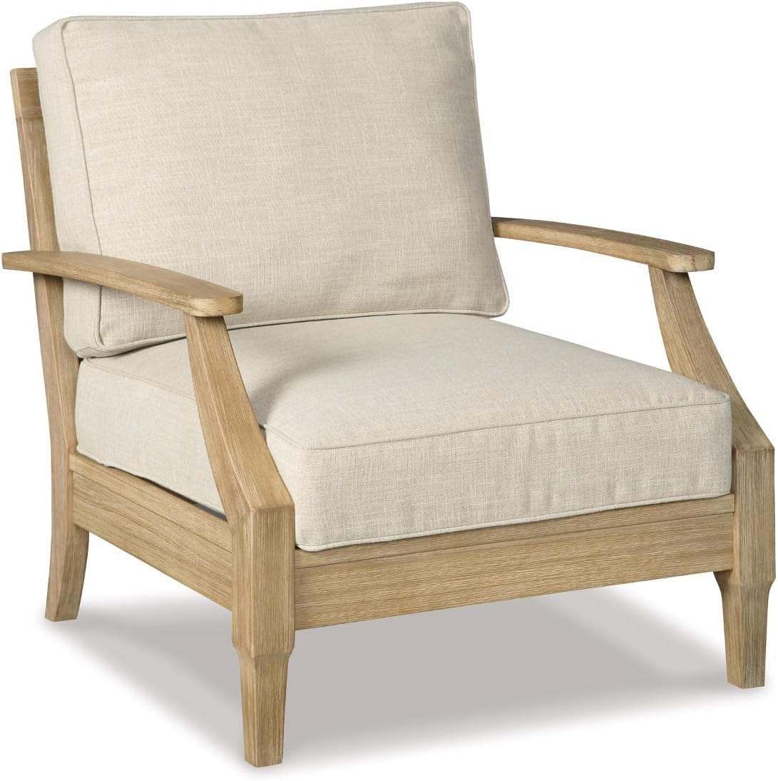 Signature Design by Ashley Clare View Outdoor Lounge Chair, All-weather Foam Cushion, Protective Finish, Eucalyptus Wood , 30″ W x 35″ D x 32″ H, Beige