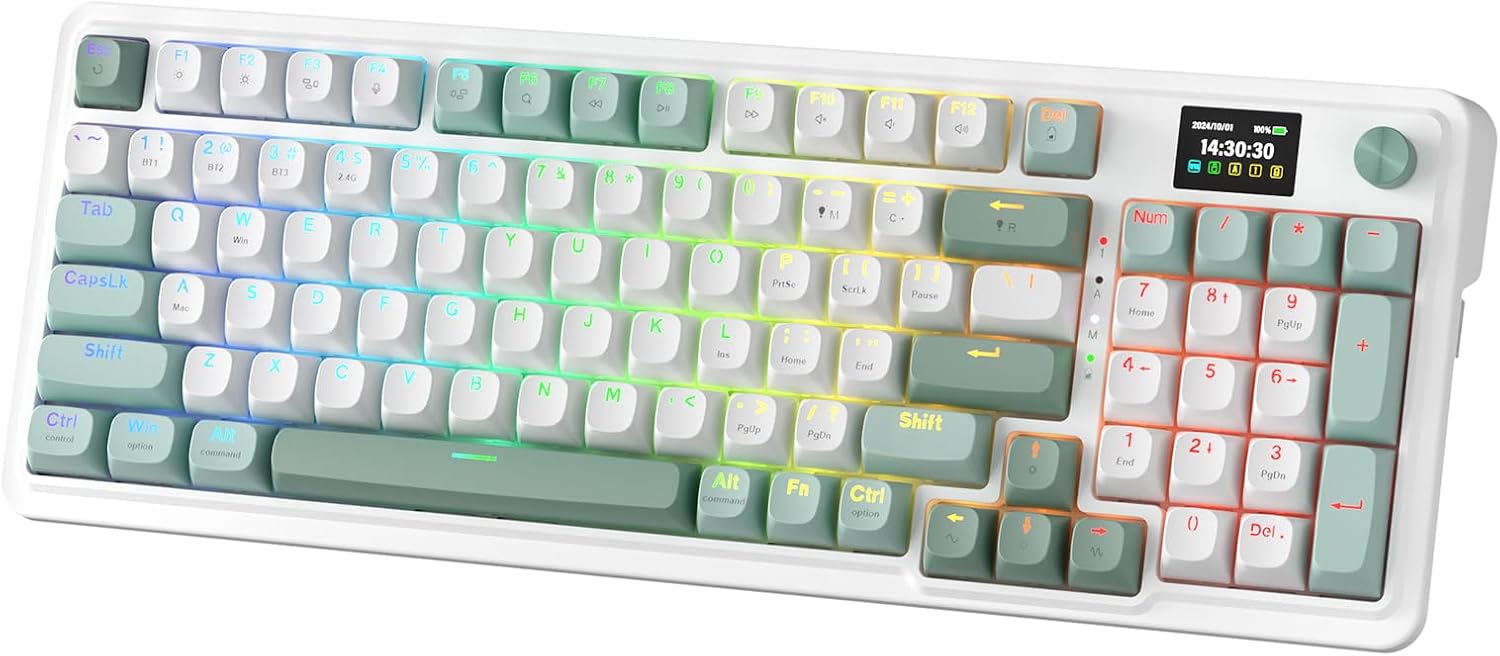 Redragon K719 Wireless Gasket Gaming Keyboard w/Hype Screen & Knob, 95 Keys Mechanical Keyboard, Easy-Control 1.14’’ TFT Info Display, 5-Layer Noise Dampening, Custom Linear Switch, Jade Cloud Color