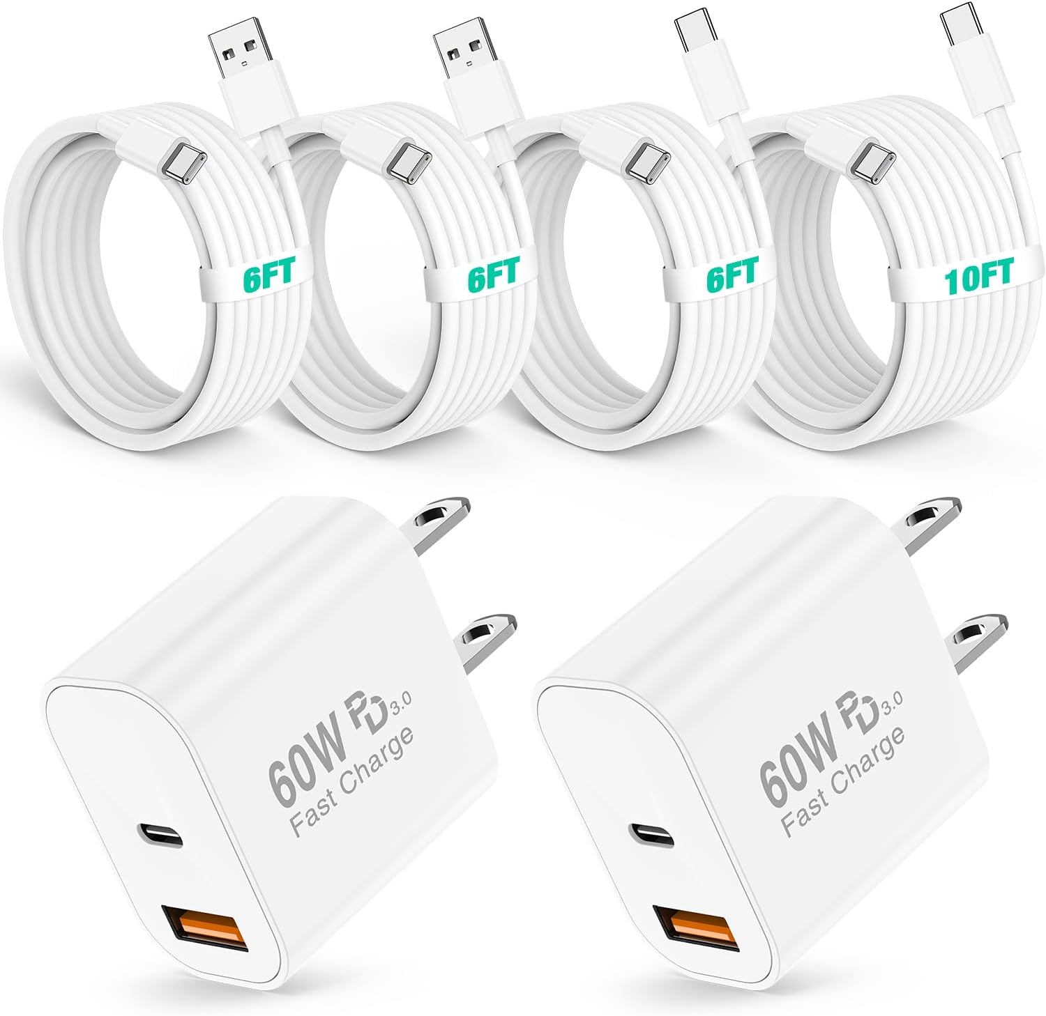 60W USB C Fast Charger for iPhone 17/16/15 Pro Max Charger,2-Pack PD 3.0 Dual Port Wall Charger Block with 6Ft+10Ft USB C Cable,Super Fast Charging for iPhone 17/16/15/Air Series,iPad Pro,White