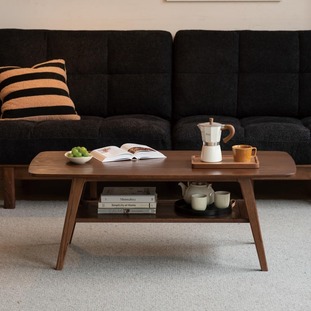 100% Solid Wood Coffee Table for Living Room, 39.37″ Mid Century Modern Tables with Shelf Storage, 2-Tier Coffee Table with Rounded Corners (Oak Wood Walnut Color, 39.37″ L)