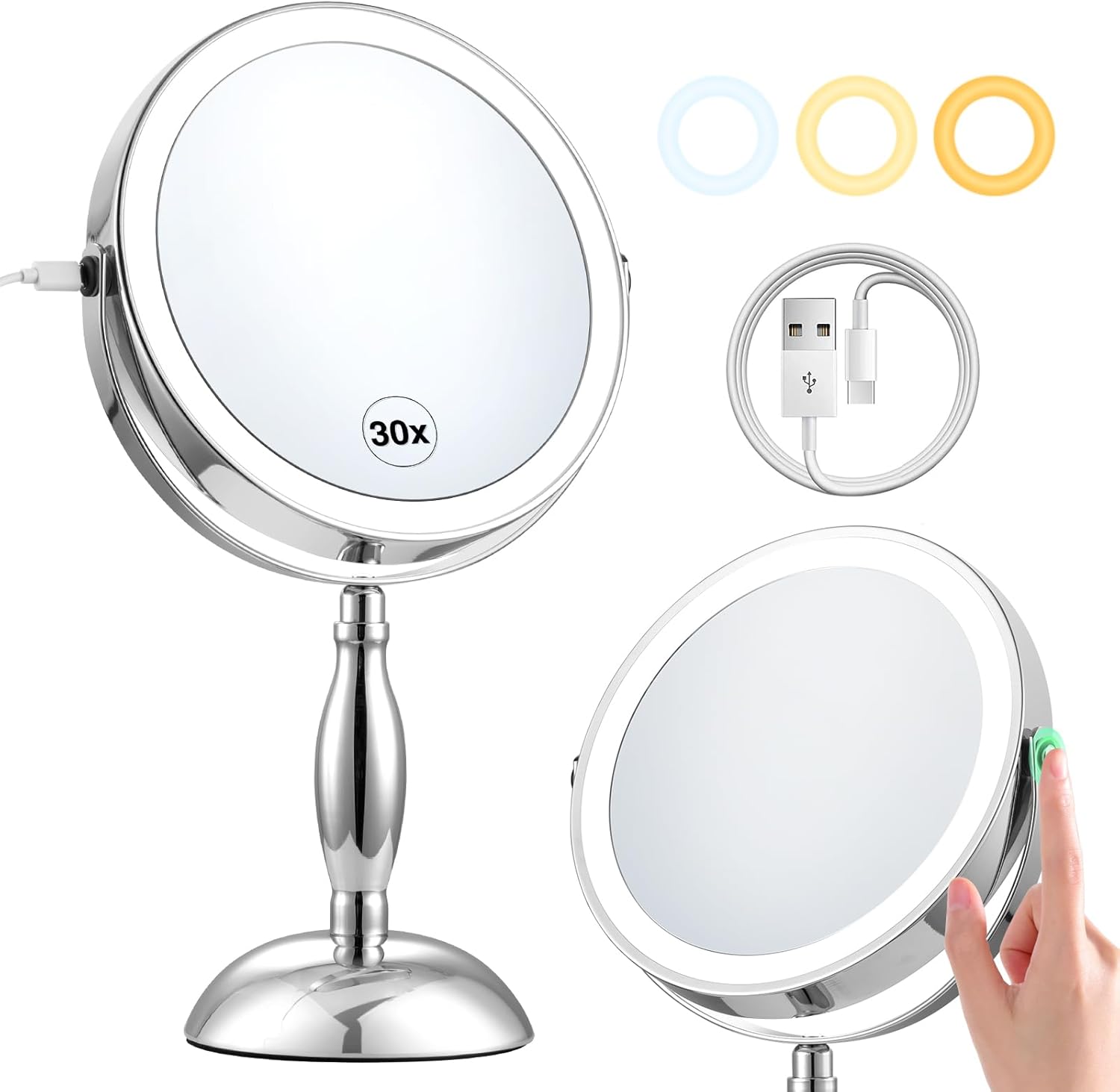 30x Magnifying Mirror, Lighted Makeup Mirror with 3 Colors Modes & Adjustable Brightness, 5000mAh Rechargeable, 360° Rotation Double Side, Large Magnifying Vanity Mirror, Gifts for Women