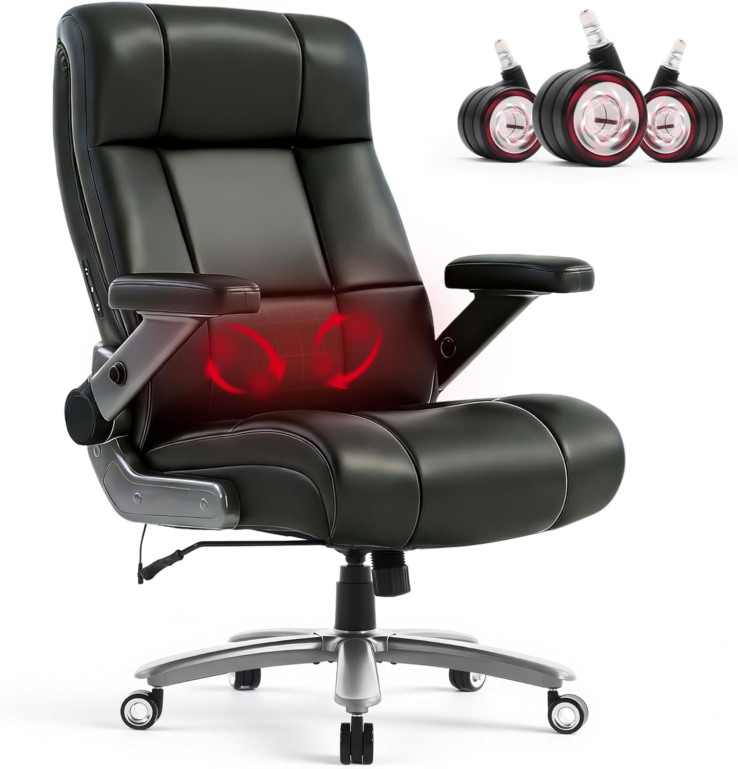 600LBS Big and Tall Massage Office Chair, Extra Wide Seat – 3D Kneading Massage & Heat Office Chair with Heavy Duty Metal Base, 3D Flip Arms, Leather Ergonomic with Thick Spring Cushion
