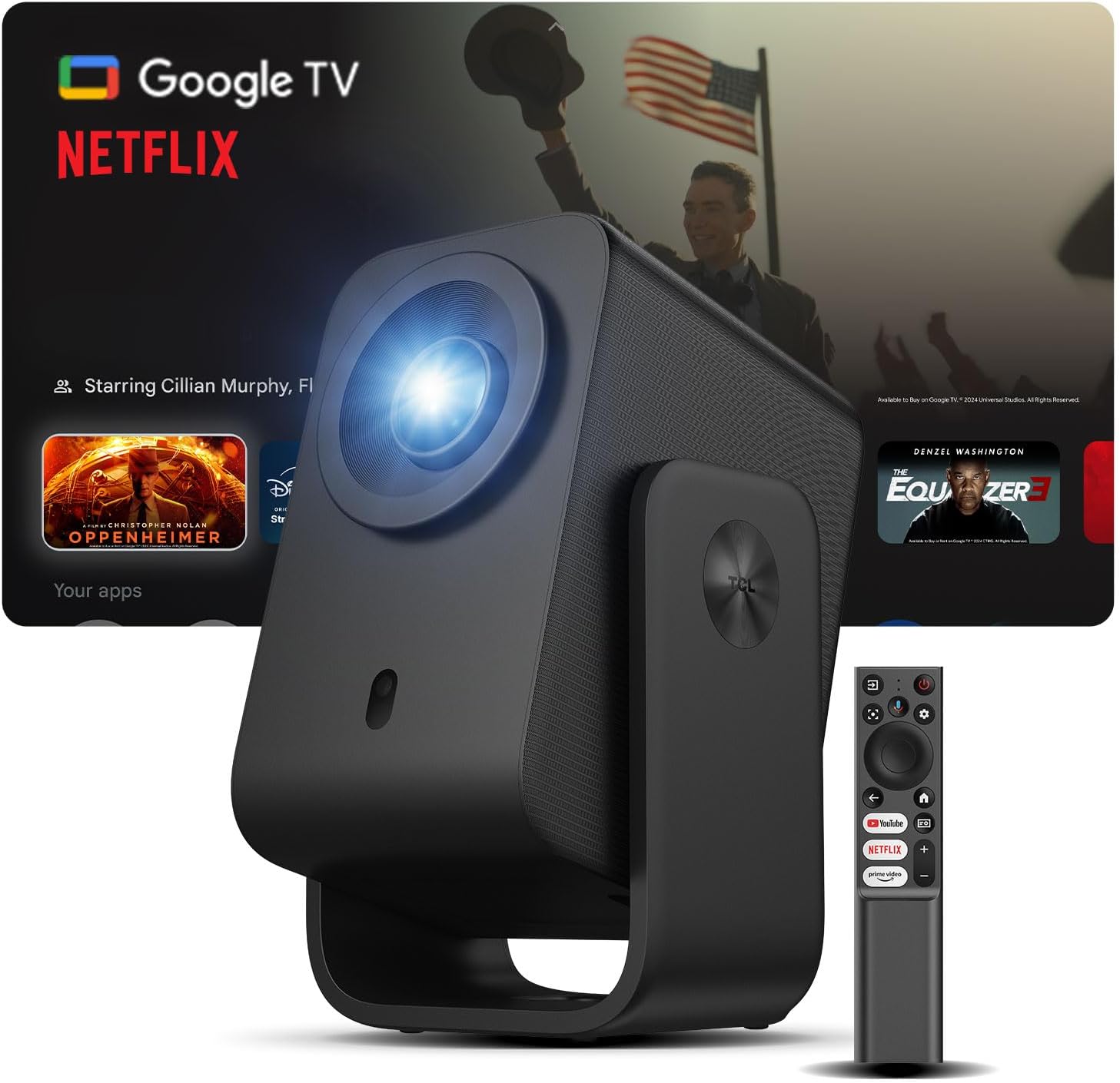 TCL C1 Smart Projector 4K Support, Google TV & Netflix Officially Licensed, WIFI and Bluetooth, Auto Focus Keystone, Native 1080p, Dolby Audio, 285° Portable Mini Projector for Home Theater