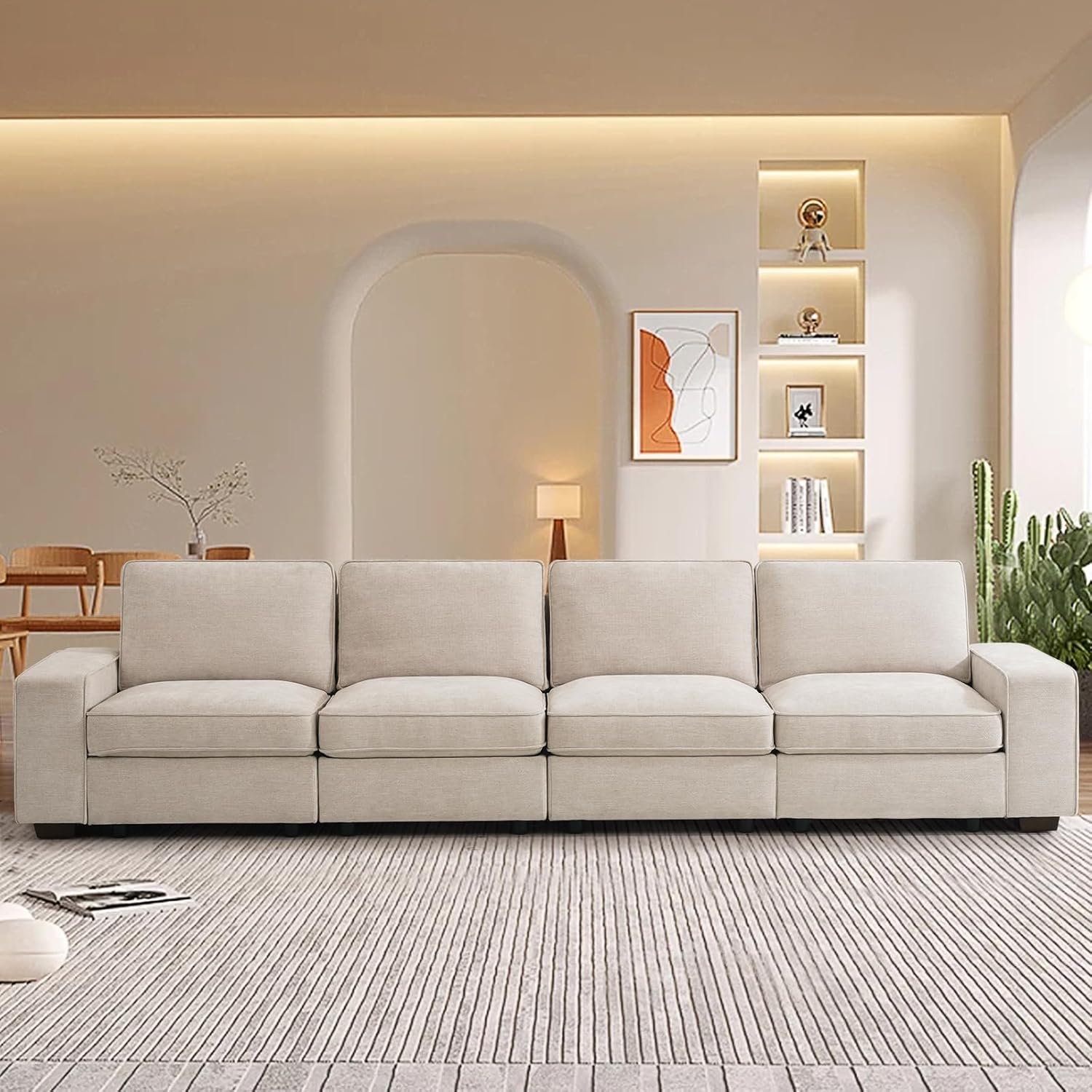 TEKAMON 128″ Modular Sofa Couch with Large Seats Storage, Chenille Sofa,Modern Comfy 4-Seater Couch for Living Room, Office, Deep Seat, Wide Armrest, Side Pockets, USB Port, Removable Covers, Beige