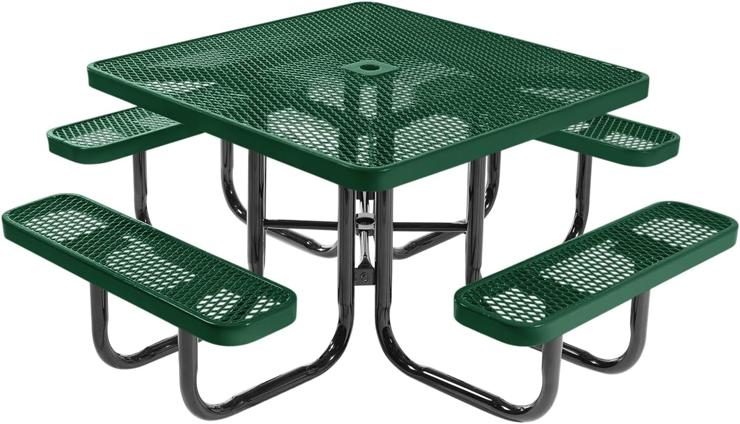 COATEDOUTDOORFURNITURE Heavy-Duty Portable Outdoor Picnic Table with Umbrella Hole, Expanded Metal Commercial-Grade Patio Dining Furniture Made in America (46″ Square Top, Green)