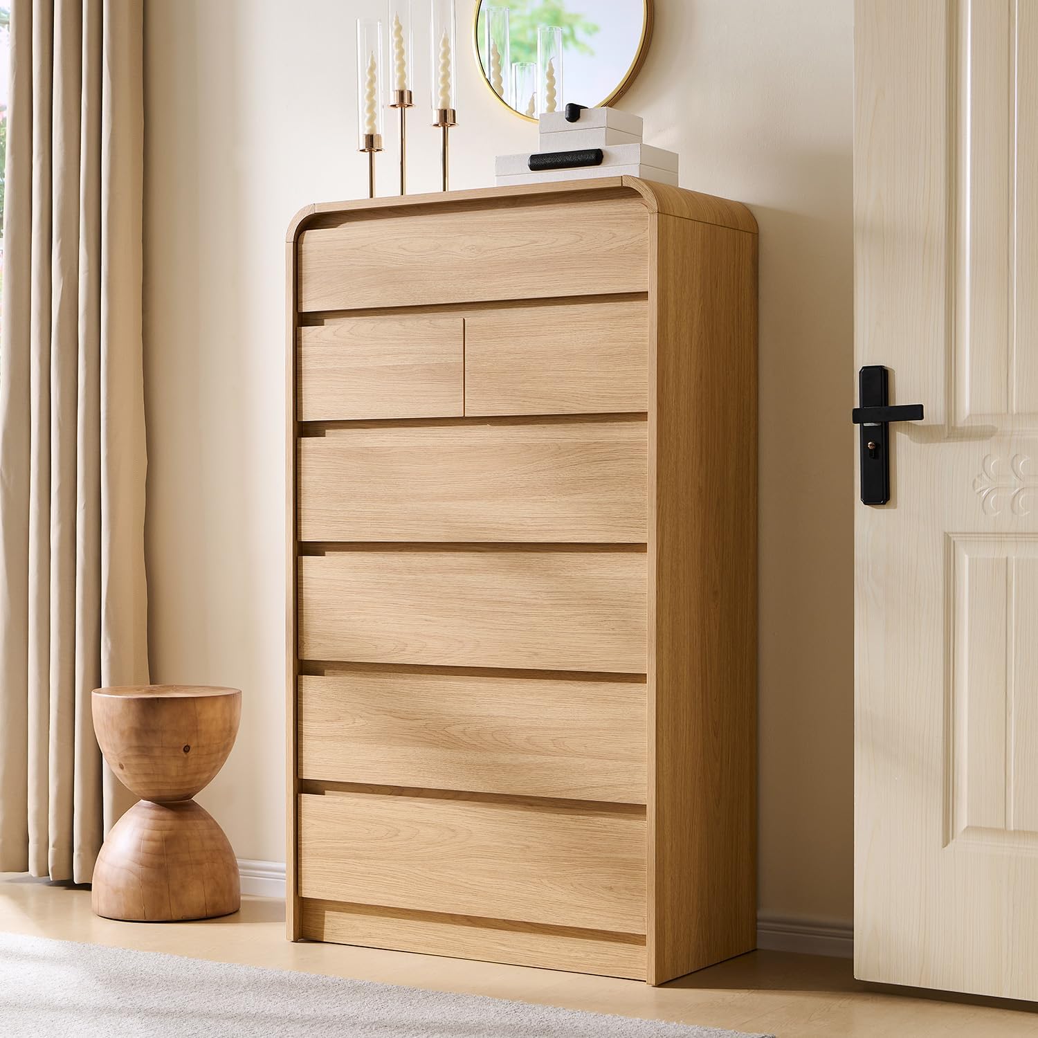 Aitjunz Modern 7 Drawers Dresser for Bedroom, 55″ Tall Dressers & Chest of Drawers w/Curved Profile Design, Wood Mid Century Vertical Storage Dressers Organizer for Bedroom, Living Room, Natural Oak