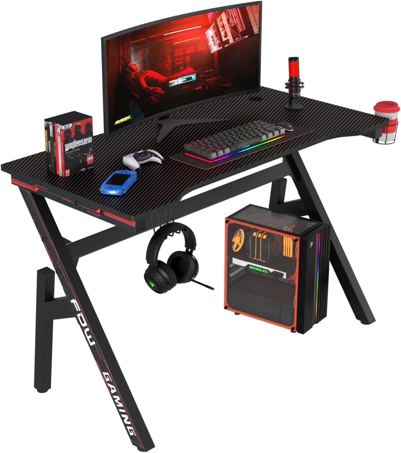 BestOffice | 47″ Gaming Desk | Red | Carbon Fiber Textured Computer Desk | Sturdy Steel Frame, Cup Holder, Headphone Hook, Cable Management Holes, Adjustable Leg Pads | for Gamers, Home, Office