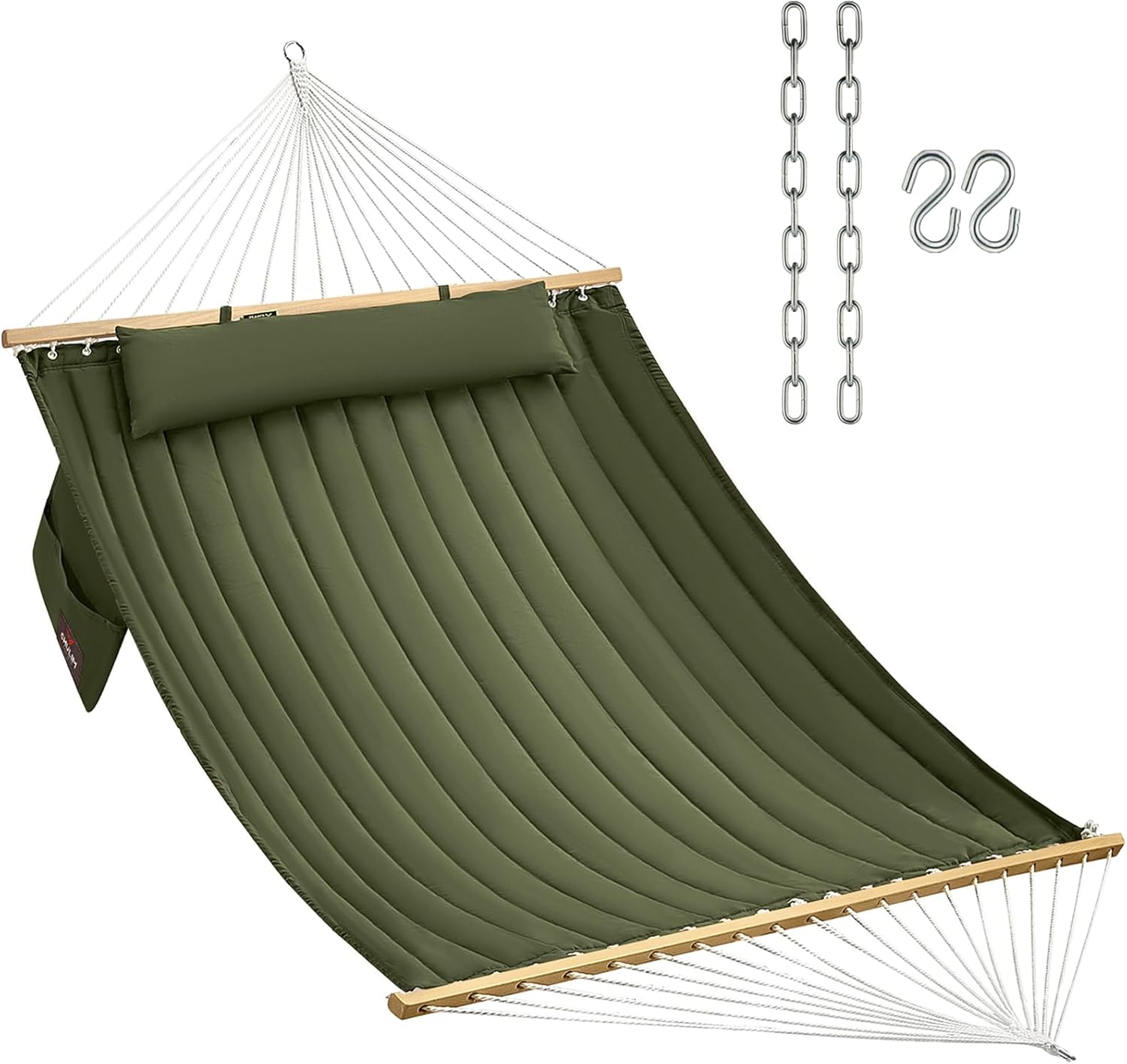 Double Quilted Fabric Hammock with Hardwood Spreader Bars and Pillow 450 LBS Capacity 2 Person Large Hammock for Outdoor Patio Backyard Poolside – Green