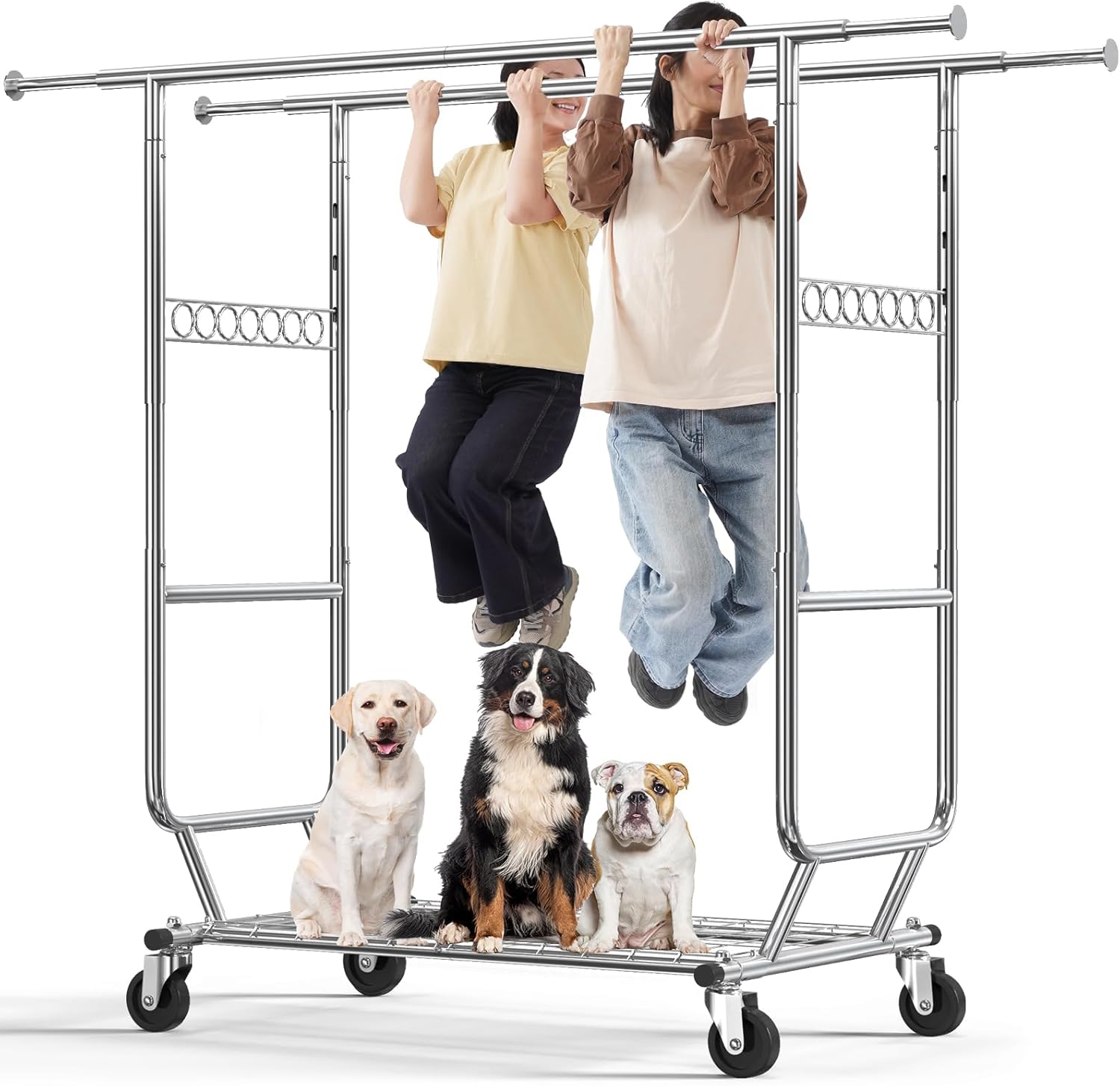 HOKEEPER Clothes Rack Heavy Duty Clothing Rack Load 650 LBS Collapsible Garment Rack with Wheels Double Rod Clothes Rack for Hanging Clothes Commercial Portable Closet Rack with Shelves 22″D*75″W*68″H
