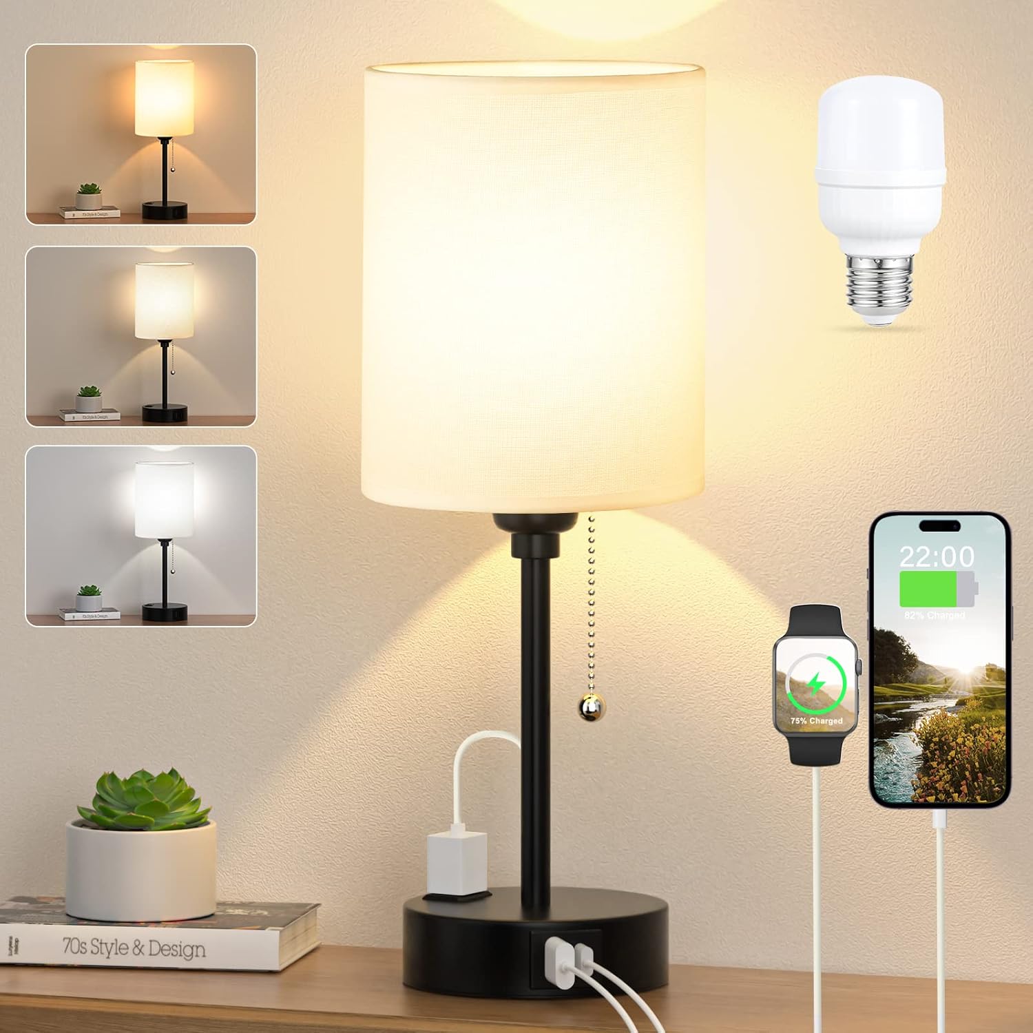 Small Bedside Table lamp for Bedroom – 3 Color Temperatures Bedside Lamps with USB C and A Ports, Pull Chain Table Lamps with AC Outlet, White Nightstand Lamps with Black Metal Base for Kids Reading