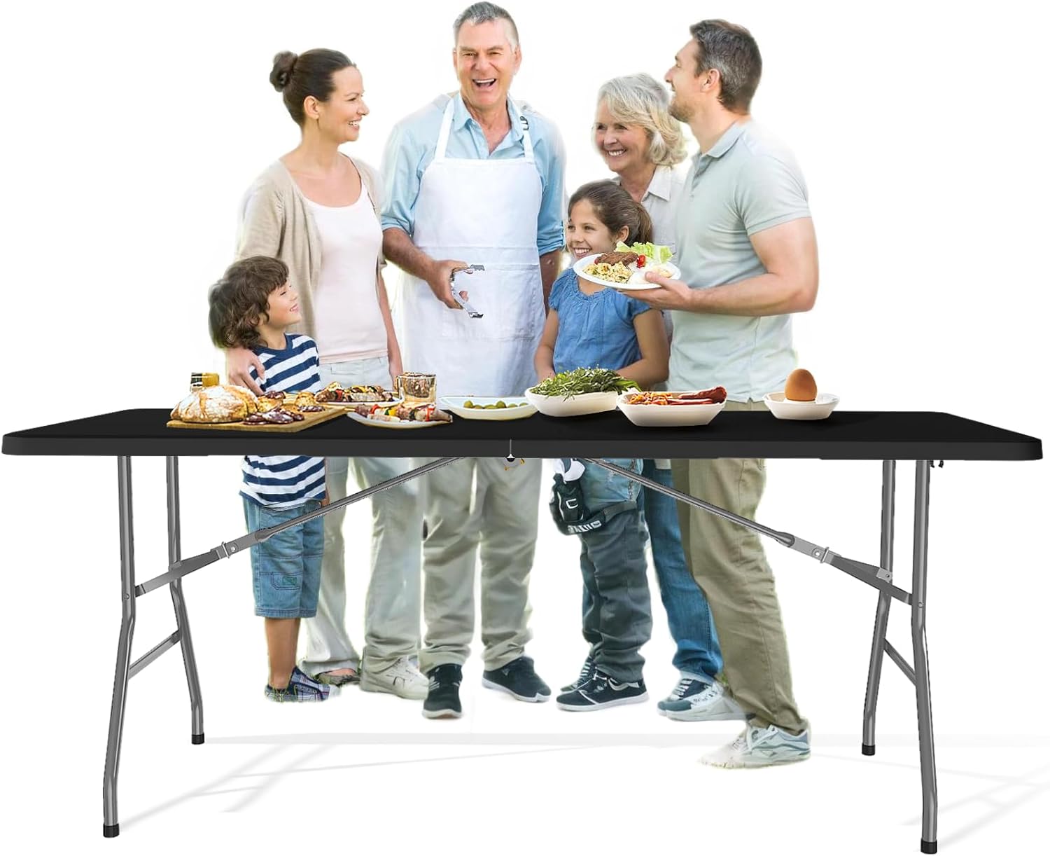 6FT Folding Table, Heavy Duty 440LBS Capacity Portable Plastic Picnic Table, Foldable Dining Tables with Carrying Handle for Party, Wedding, Camping, Events, Indoor or Outdoor Use, Black