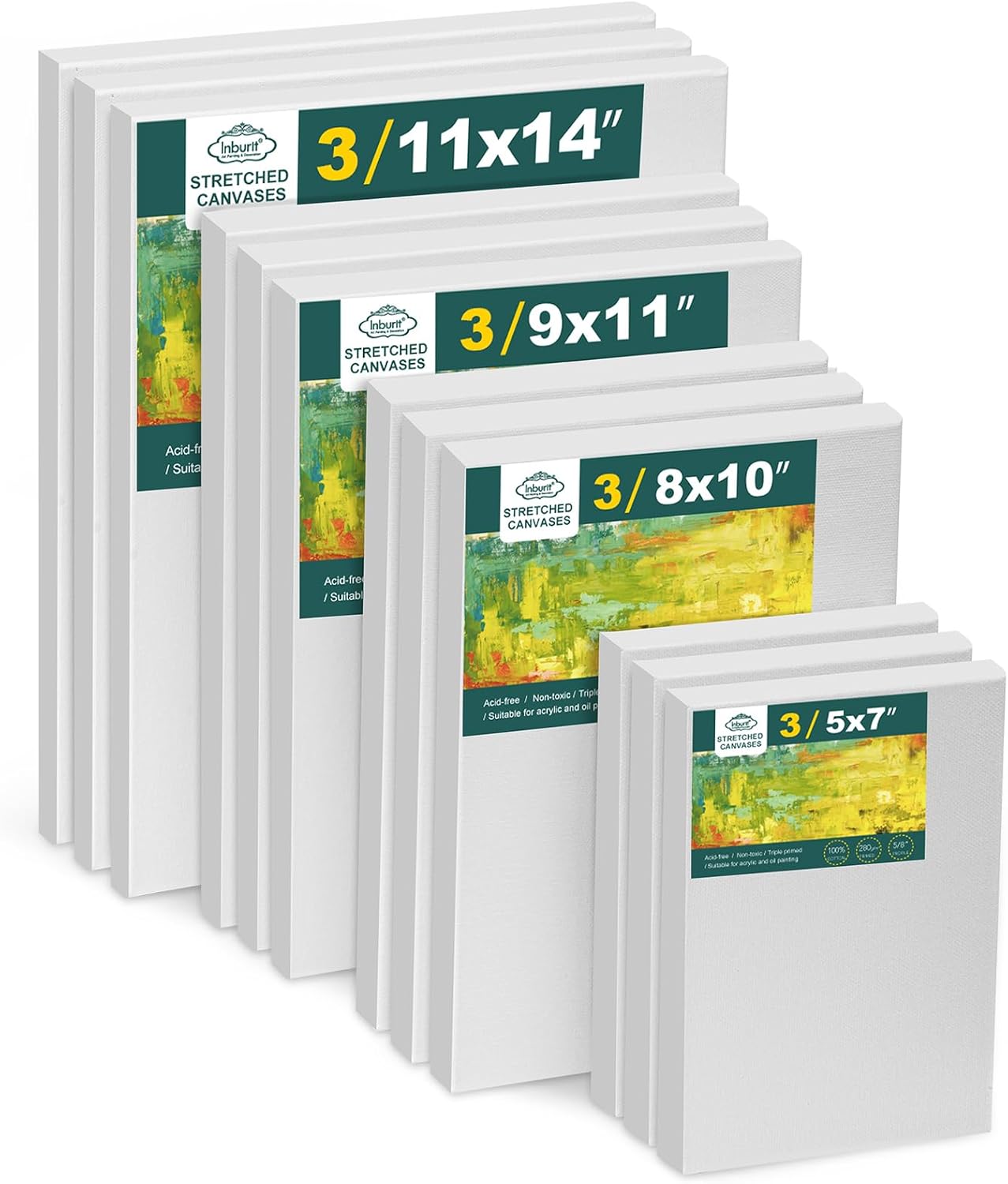 12 Pack Canvas for Painting with 11×14, 9 x12, 8×10, 5×7 (3 of Each) Blank Primed Stretched Canvases for Oil, Acrylic & Others, Multi Size Set for Artist, Student and Beginners