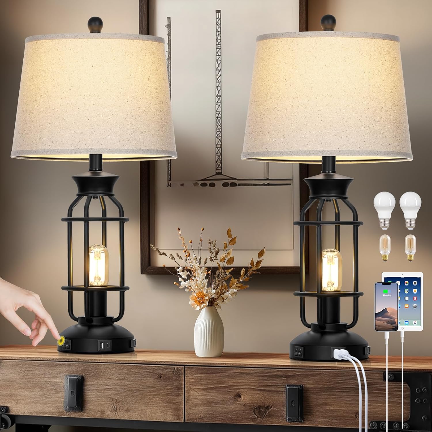 28″ Vintage Table Lamps with USB C+A Ports & AC Outlet, Industrial Farmhouse Table Lamp Set of 2, Black Modern Nightstand Beside Lamps with 2 Night Light for Living Room Bedroom(4 LED Bulbs Included)