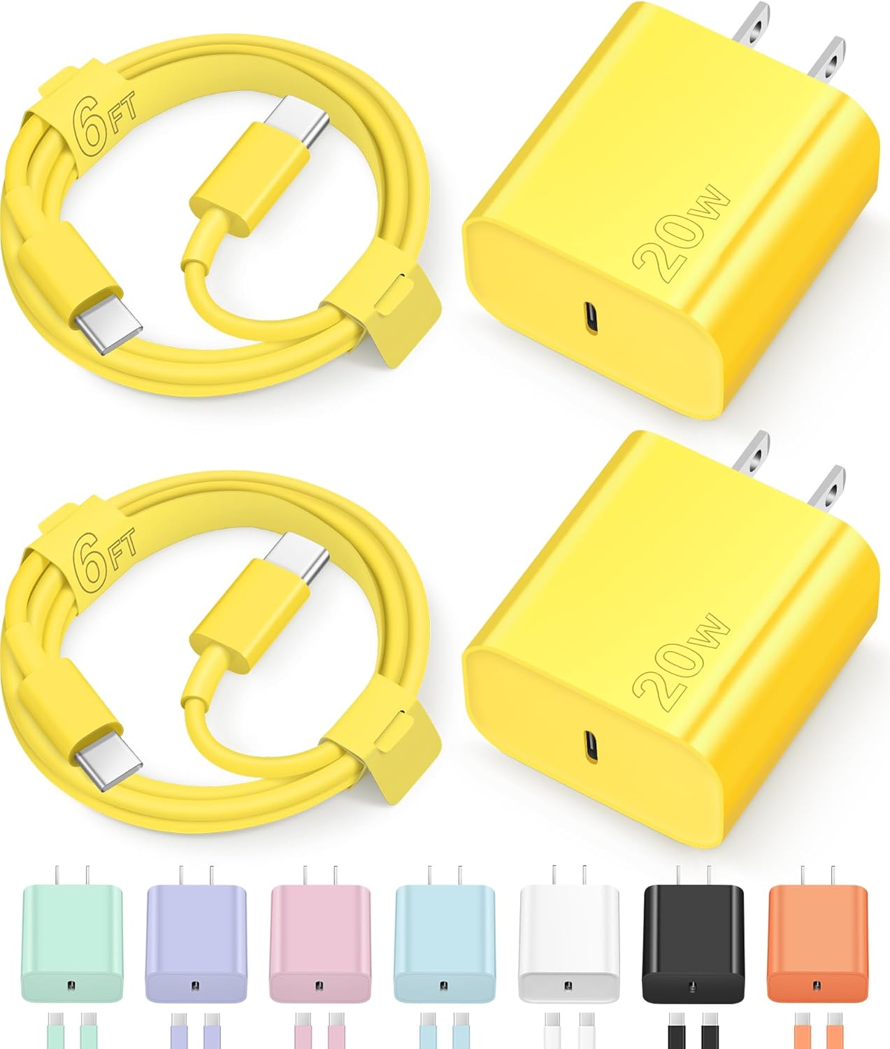 iPhone 17 16 15 Charger Fast Charging Type C Chargers USB C Charger Block iPhone Air Chargers with 2 Pack 6FT Cable for iPhone 17/17 Plus/17 Pro Max/16/16 Plus/16 Pro Max/15 Pro Max/iPad Pro(Yellow)