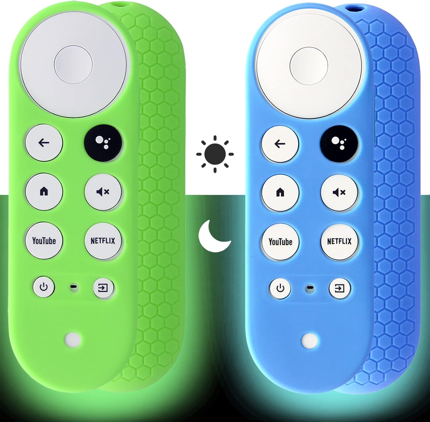 2pcs Remote Cover (Glow in The Dark) Compatible with 2020 Chromecast with Google TV Voice Remote, Pinowu Anti Slip Silicone Case Cover (Green and Blue)