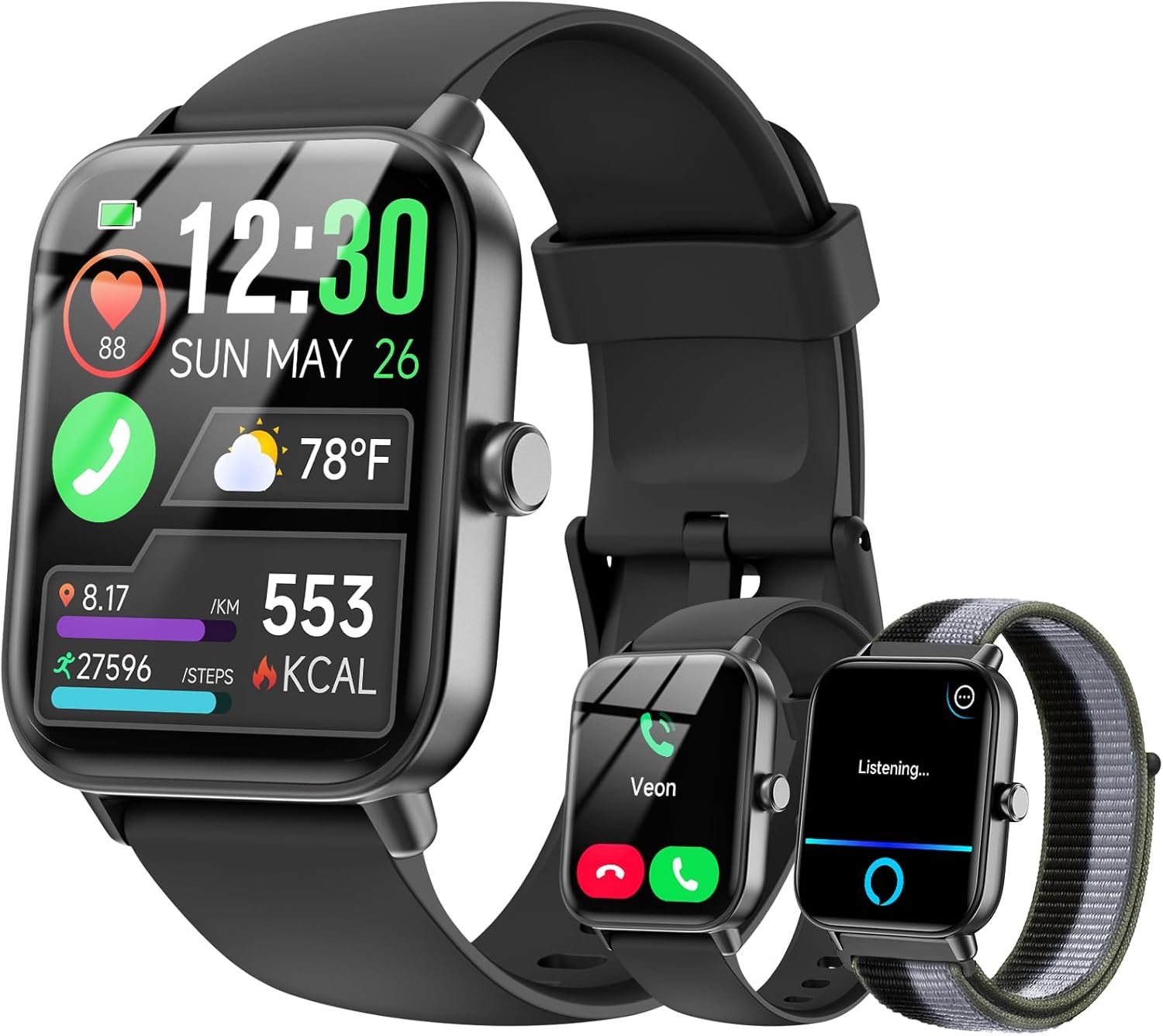 Smart Watches for Women/Men, Smart Watch for Android Phones and iPhone Compatible, Alexa Built-in, 1.8″ Fitness Watches for Women, IP68 Waterproof /Bluetooth Call, Heart Rate/Sleep Monitor, Two Bands