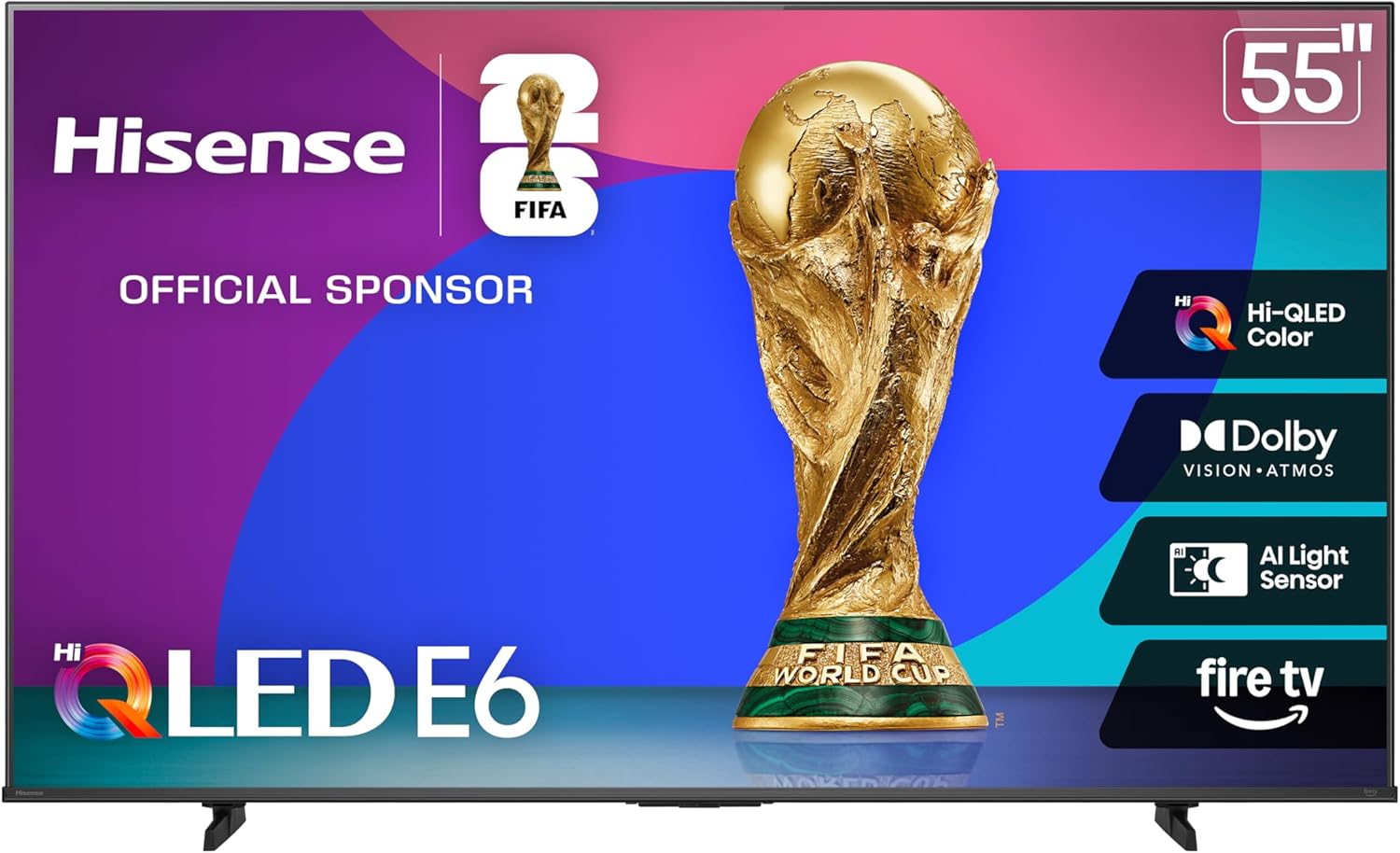 Hisense 55″ E6 Cinema Series Hi-QLED 4K UHD Smart Fire TV (55E6QF, 2025 Model) – AI Light Sensor, Dolby Vision · Atmos, Voice Remote with Alexa, Motion Rate 120, HDR 10+ Adaptive, Game Mode Plus