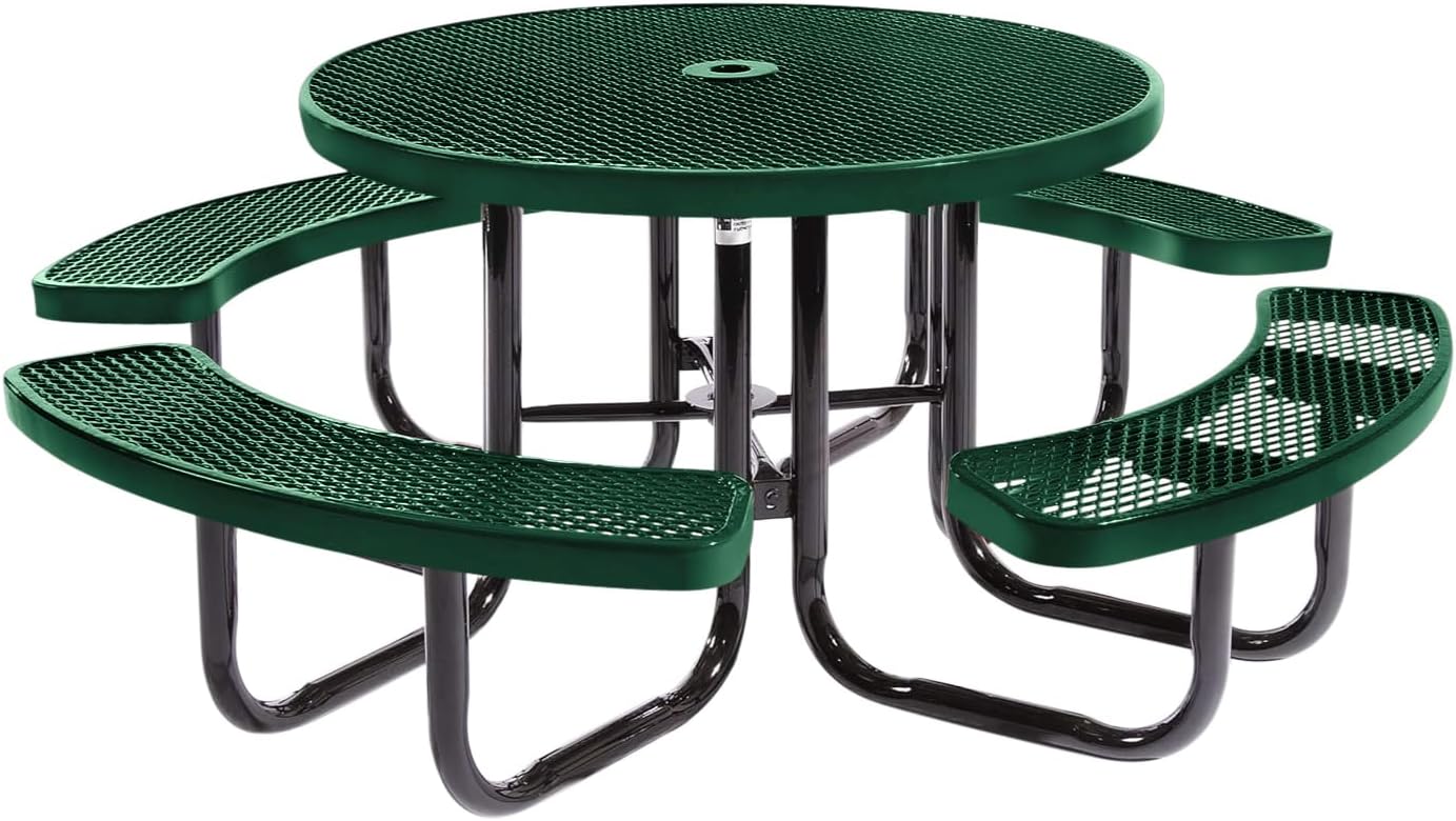Coated Outdoor Furniture Heavy-Duty Portable Outdoor Picnic Table with Umbrella Hole, Expanded Metal Commercial-Grade Patio Dining Furniture Made in America (46″ Round Top, Textured Green)