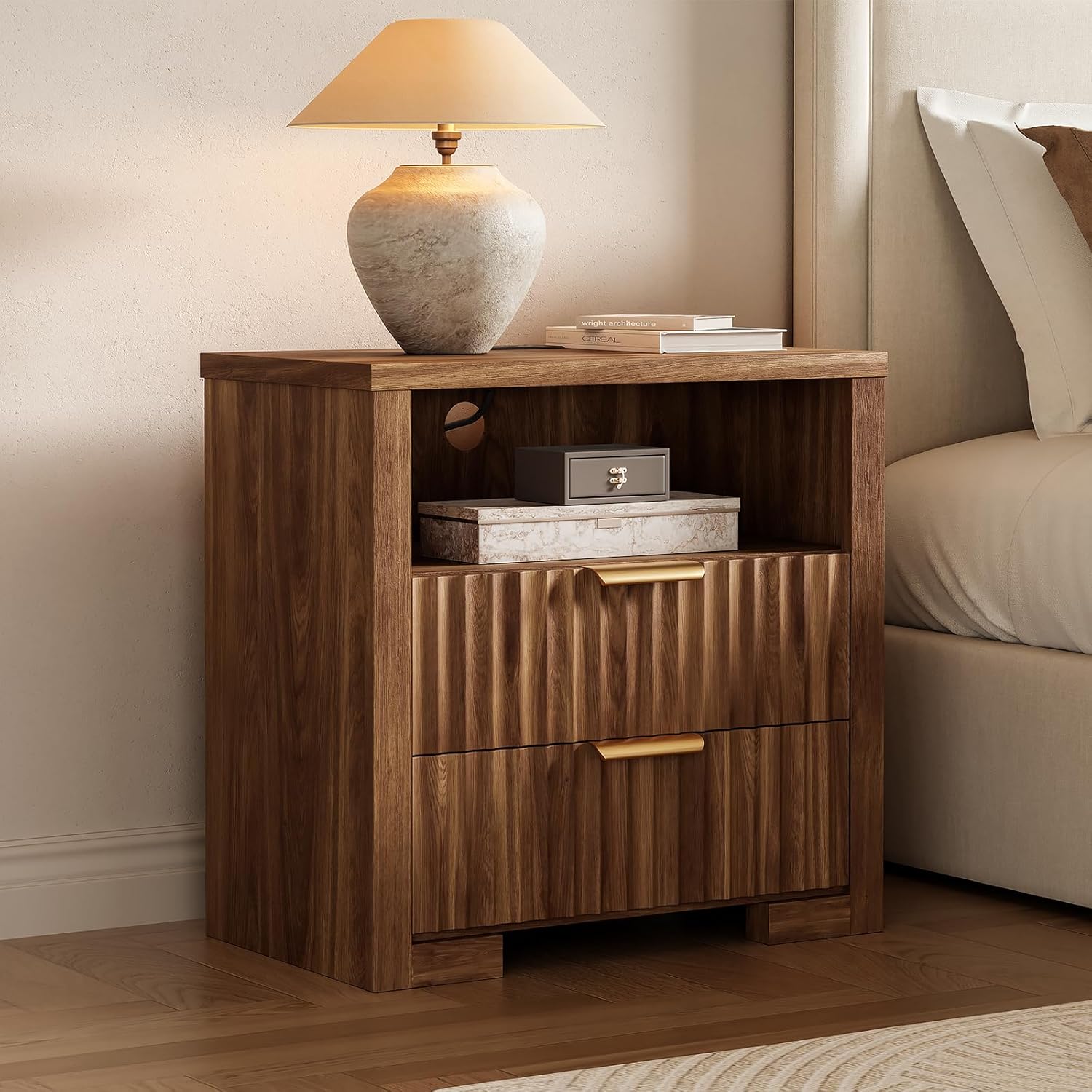24″ Bedroom Nightstand, 2 Drawer Nightstands with Charging Station, Vintage Fluted Nightstand for Bedroom Sofa Couch Office,Walnut