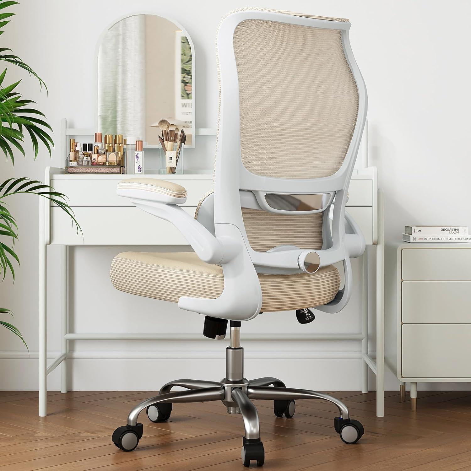 TRALT Ergonomic Office Chair – Desk Chair with Wave High Back Adjustable Lumbar Support Computer Chair – Gaming Chairs Mesh Backrest and PU Leather Seat for Home Reading Chairs to Adults(Beige)