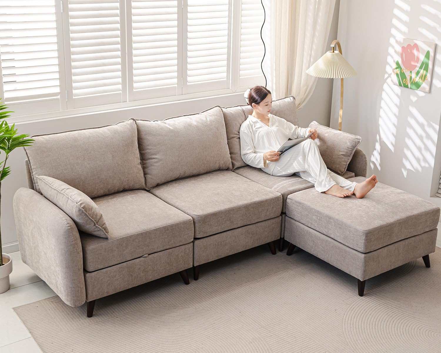 104” Modular Sectional Sofa with Seats Storage,Oversized L Shaped Couch with Deep Seat,3-Seater Comfy Cloud Couches for Living Room, Movable Ottoman,Chenille,Khaki