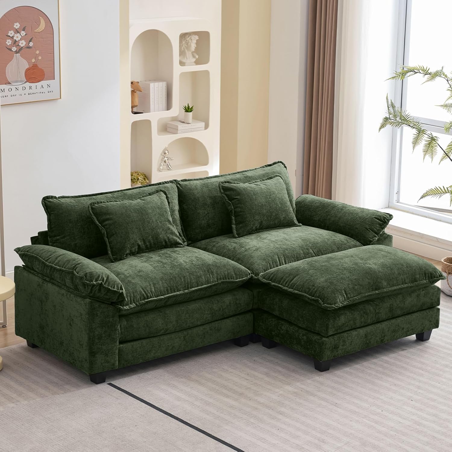 Oprisen 86″ Modular Sectional Sofa, Comfy Cloud Couch Sectional Sofa with Ottoman, Chenille Sofa Sleeper Deep Seat Sofa with Throw Pillows for Living Room (Green, 86″- L Shape)