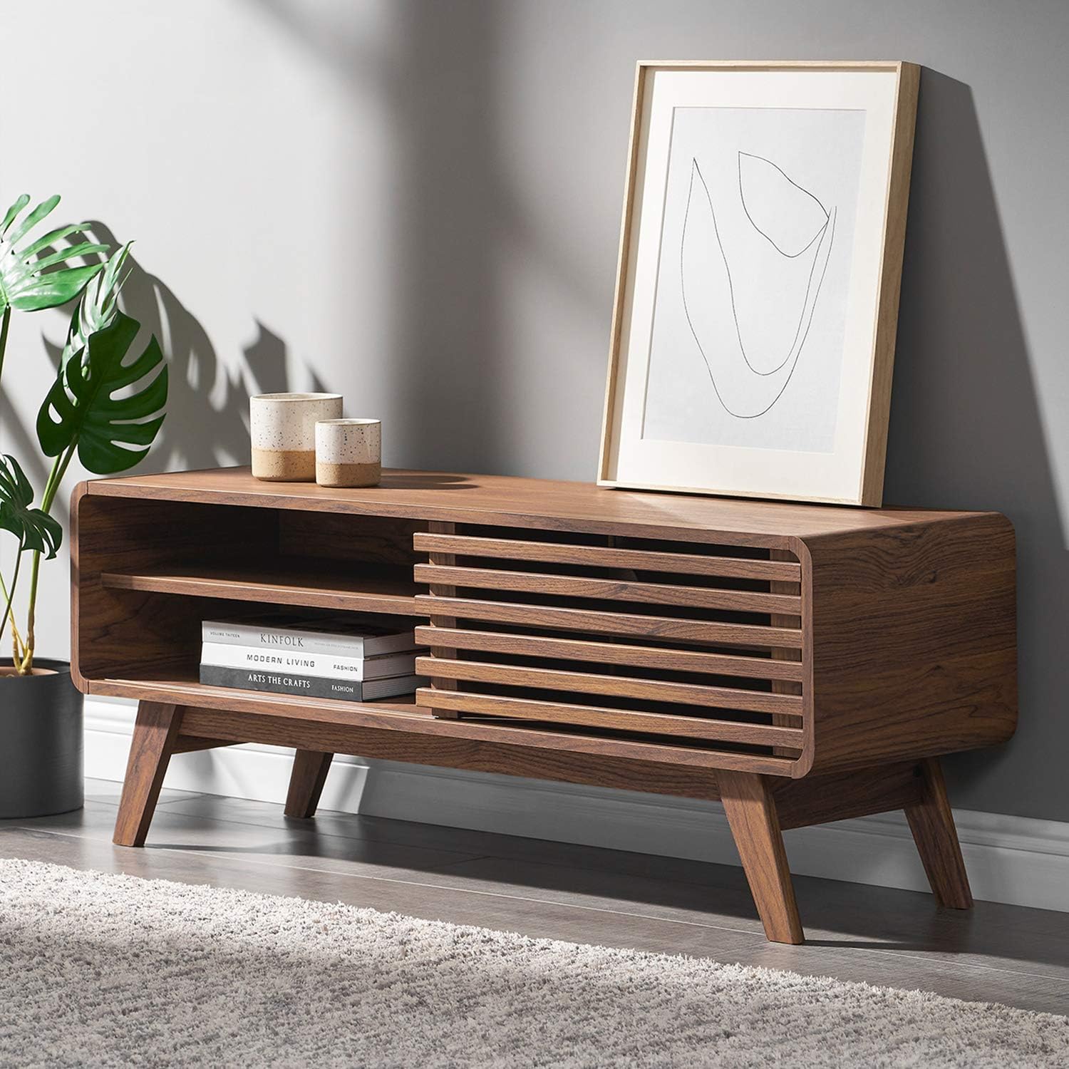 mopio Ensley 46″ TV Stand with Slatted Door, Mid Century Modern Entertainment Center for 55/60/65 inch TV, Farmhouse Media Console with Storage, Adjustable Shelves, Round Edges, Living Room (Walnut)