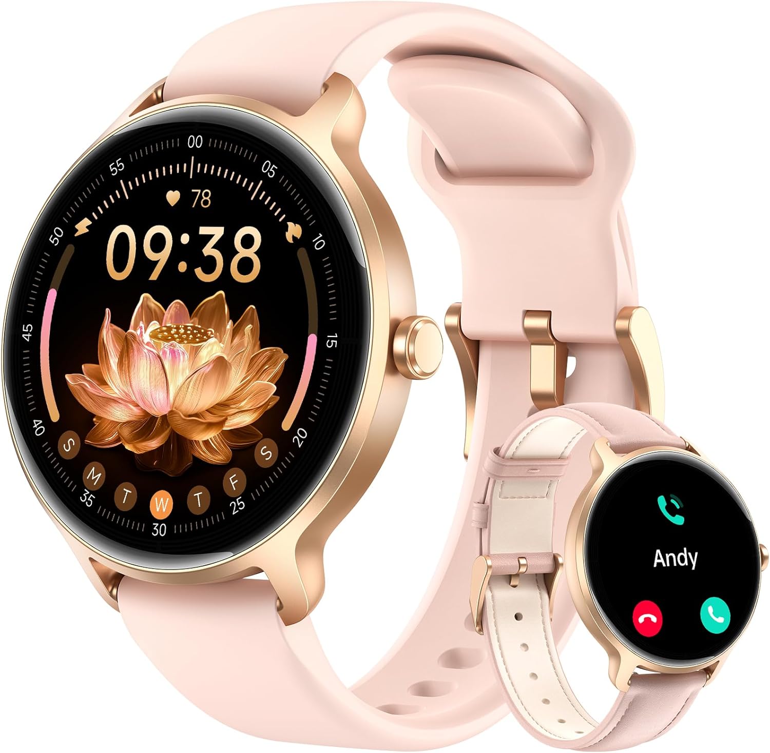 Smart Watch for Women, 1.27″ AMOLED Screen Smartwatch with Answer/Make Call for iPhone/Android/Samsung, Fitness Tracker with 120+ Sport Modes, Heart Rate/Sleep/Health Monitor, IP68 Waterproof, 2 Bands