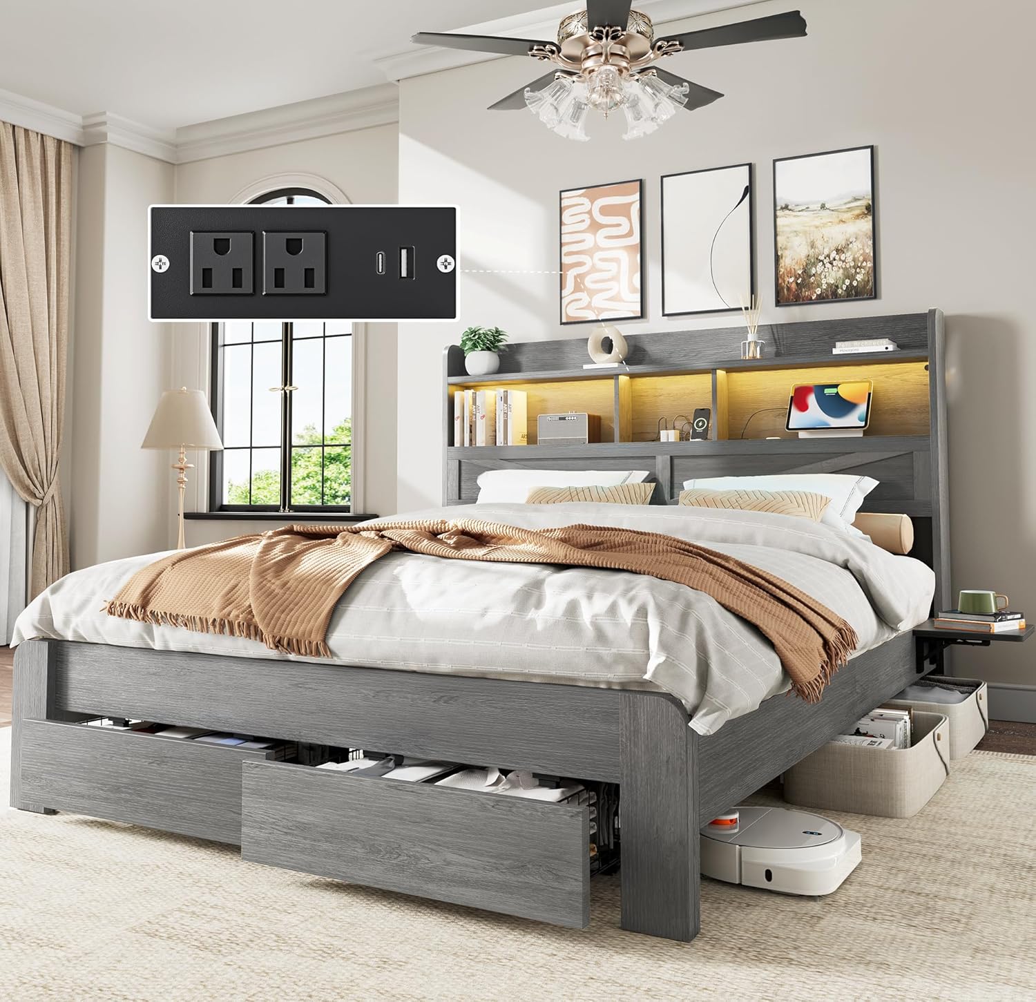 Queen Bed Frame with 2-Tier Storage Headboard, LED Lights, Charging Station, 2 Drawers, 900lbs Capacity, Wood & Metal Platform, Noise-Free, No Box Spring Needed, Barn Door Design