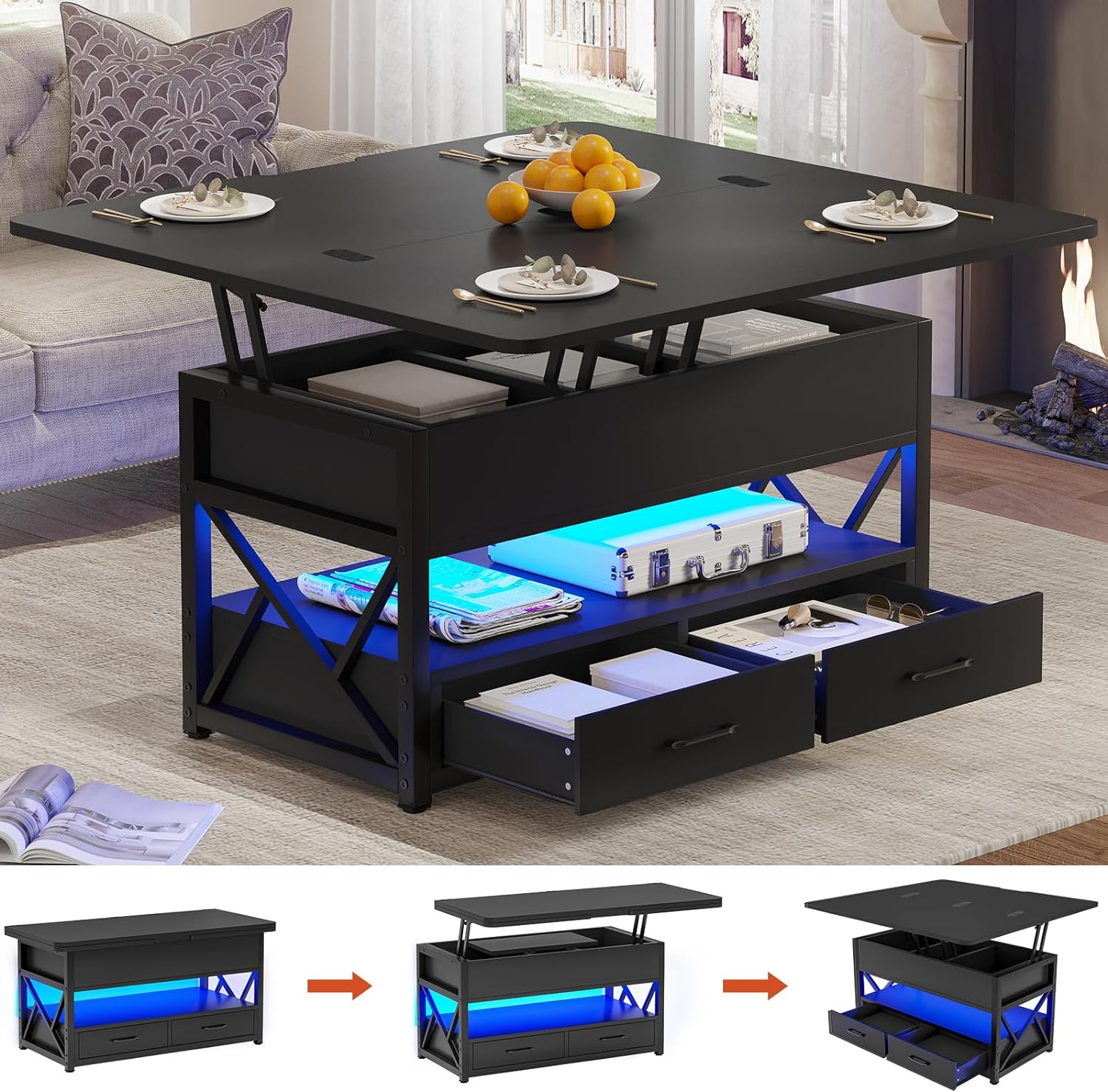 Itaar 40″ Lift Top Coffee Table, 4 in 1 Coffee Tables with Storage for Living Room, Small Farmhouse Coffee Table with 2 Drawers & LED Light for Dining Reception Room, Black