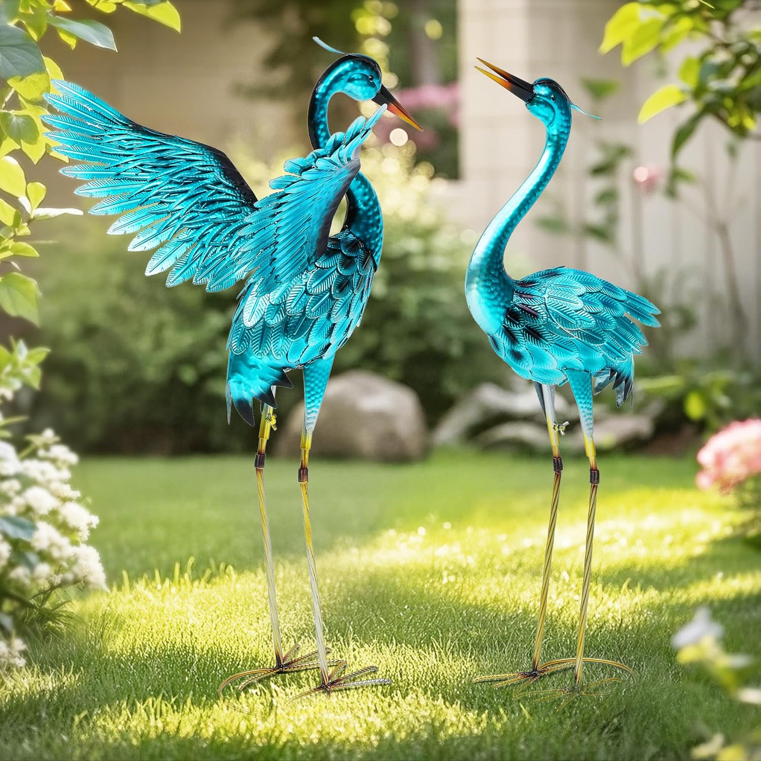 36.75″ Metal Crane Garden Statue, Handcrafted Oversized Blue Heron Decor Sculptures with Stable U-Ground Stakes, Backyard Decoration, Metal Garden Bird Animal Yard Art, Lawn Ornament Decor