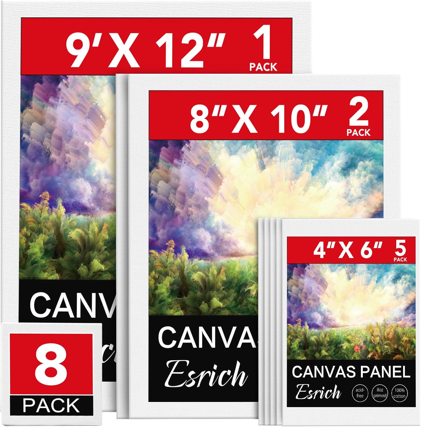 ESRICH Canvases for Painting 8Pack Painting Canvas with 9×12,8×10,4×6,Canvas Panels for Oil Paint,Watercolor,Acrylic Paint,Gouache and Tempera.