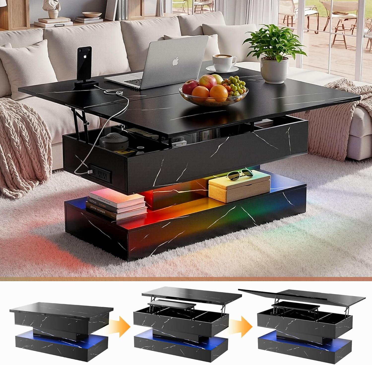 40″ Lift Top Coffee Table, 4‑in‑1 Multi-Function Convertible Workstation Table with Storage & Charging Station, Modern Faux Marble Design for Living Room & Small Spaces, Black