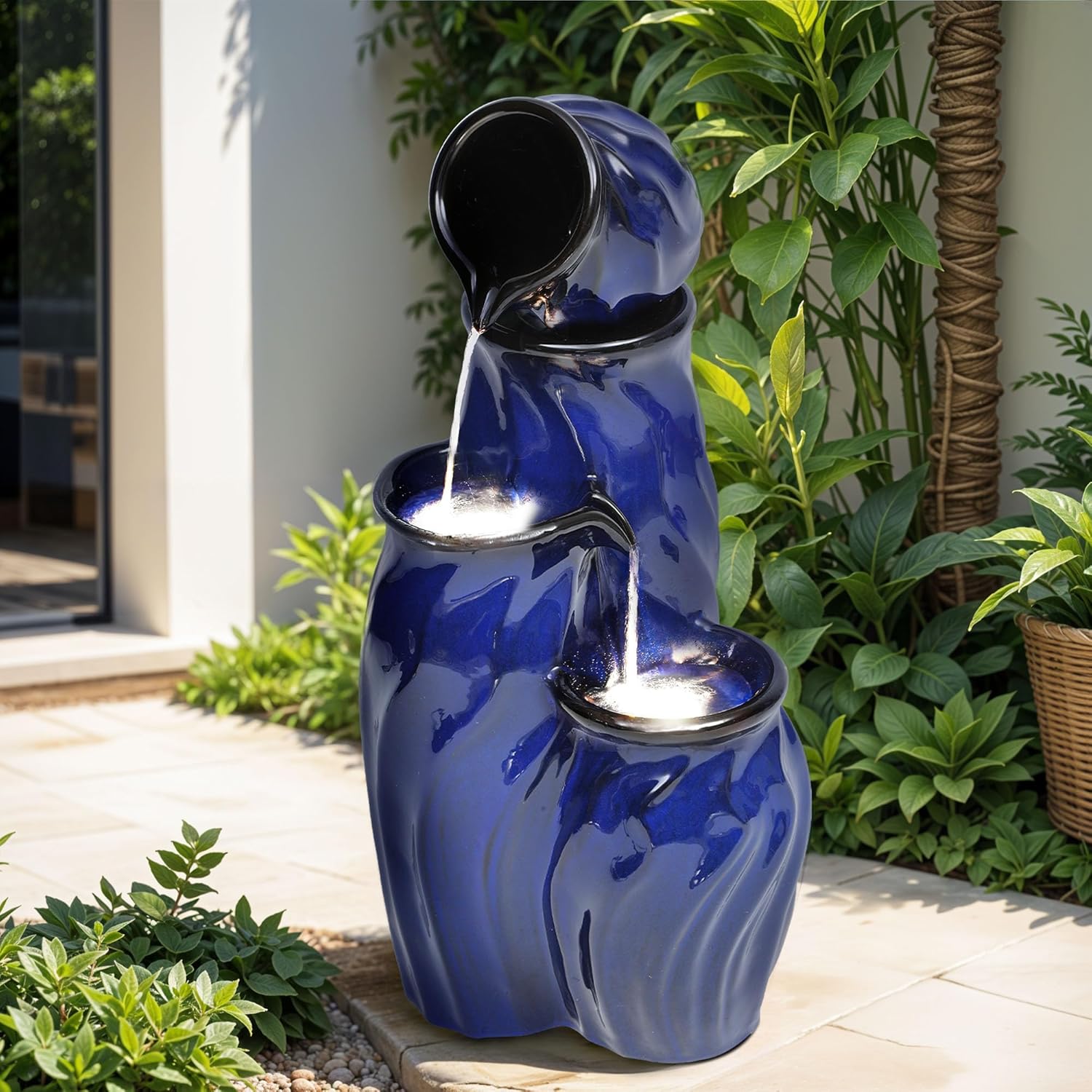 29″ Tall Ceramic Water Fountain Outdoor with LED Lights, 4-Tier Cascading Waterfall Garden Fountain, Ideal for Serene Relaxing Patio, Yard or Porch, Cobalt Blue Glaze, Dynamic Wave-Texture