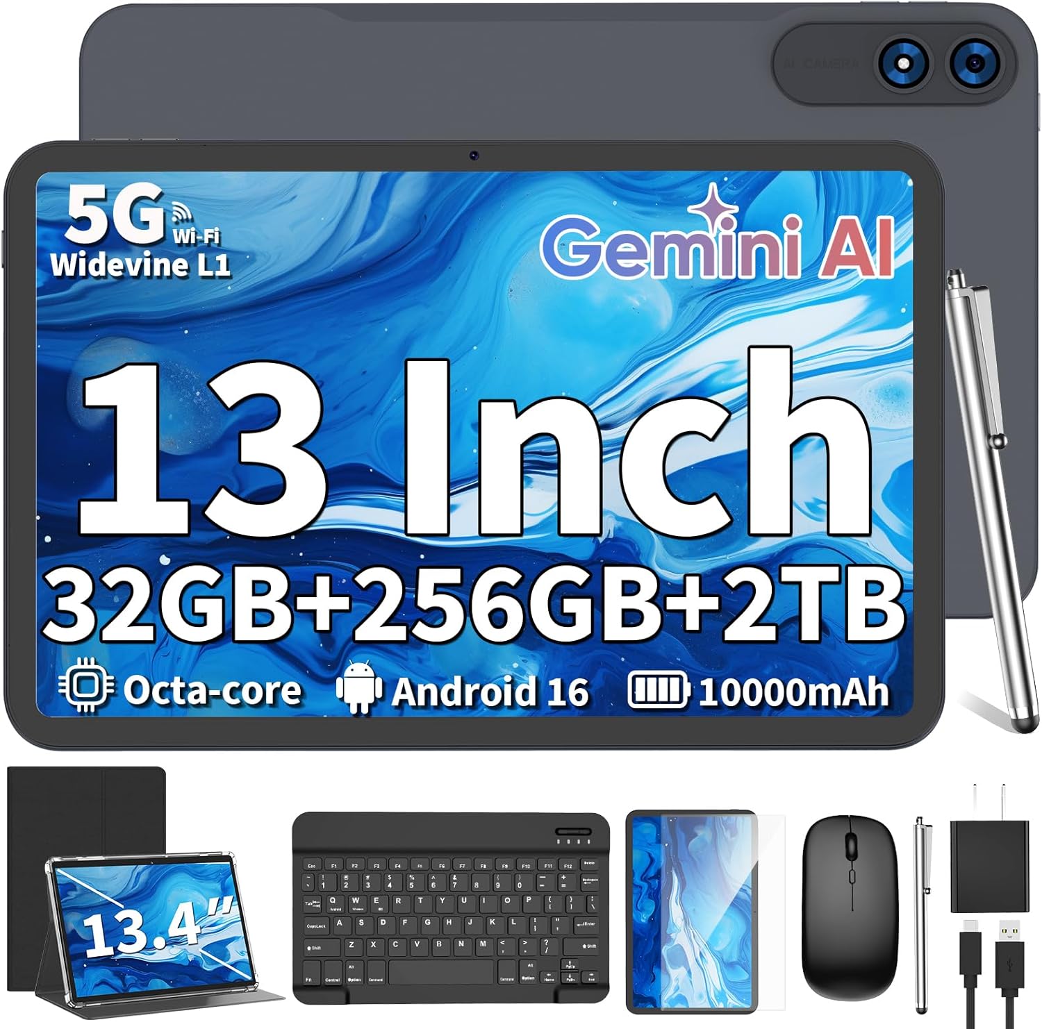 2026 13 Inch Android 16 Tablet with Keyboard, 32GB+256GB+2TB Expand, Tablets PC with Gemini AI, Octa-Core, 10000mAh, 120Hz 1920×1200 Display, GPS, 2 in 1 Large Tablets with Case, Mouse, Stylus(Black)