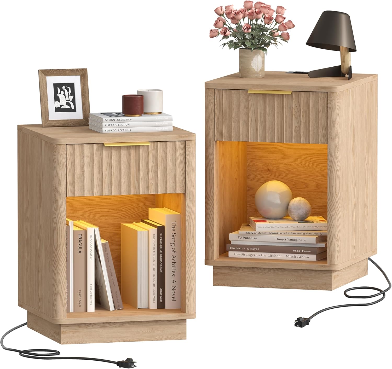 Akxomel Fluted Nightstands Set of 2, Wooden Night Stand with Charging Station and LED Light, Modern Mid Century Bed Side End Table with Drawer, 15″ D x 15.7″ W x 22.6″ H, for Bedroom, Natural Oak
