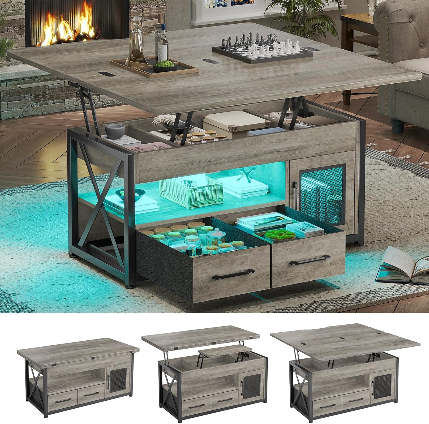 Itaar 40″ Lift Top Coffee Table, 4 in 1 Coffee Tables with Storage Cabinet for Living Room, Small Farmhouse Coffee Table with 2 Fabric Drawers & LED Light for Dining Room, Grey