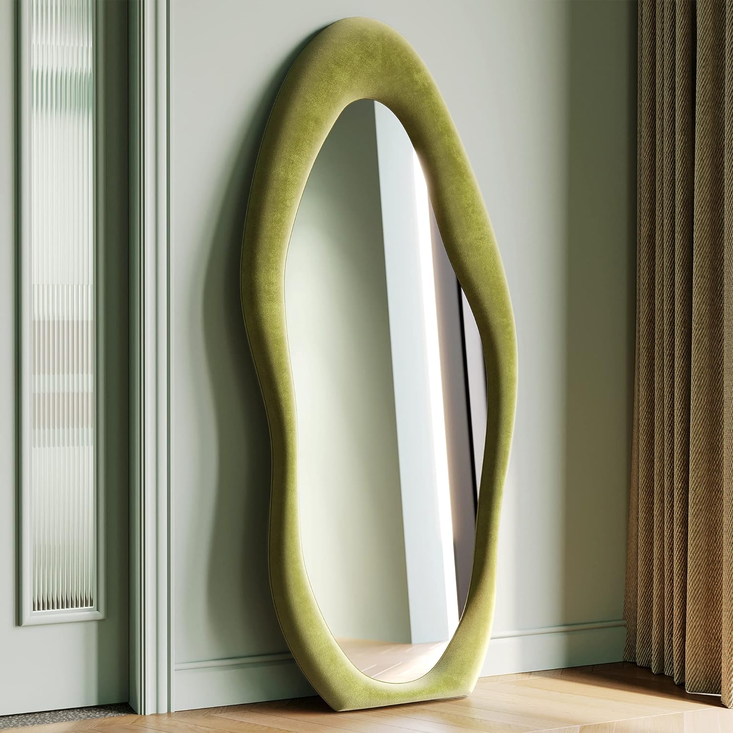 Honyee Full Length Mirror, 63″ x 24″ Wall Mirror, Flannel Wrapped Wooden Frame Floor Mirror, Irregular Wavy Mirror Hanging or Leaning Against Wall for Cloakroom/Bedroom/Living Room, Green