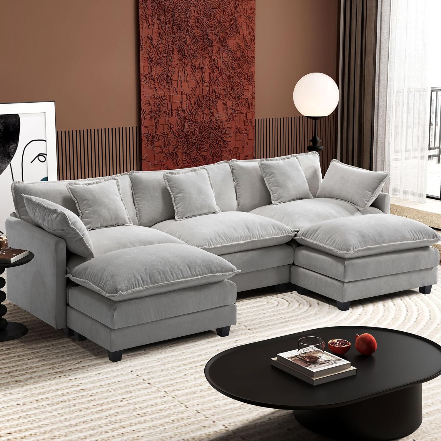 Ihanherry 111.4″ U Shaped Modern Cloud Sofa Modular Sectional Couch with 2 Ottoman, 5-Seat Chenille Deep Seat Sofa with Pillow for Living Room, Bedroom and Apartment, Grey
