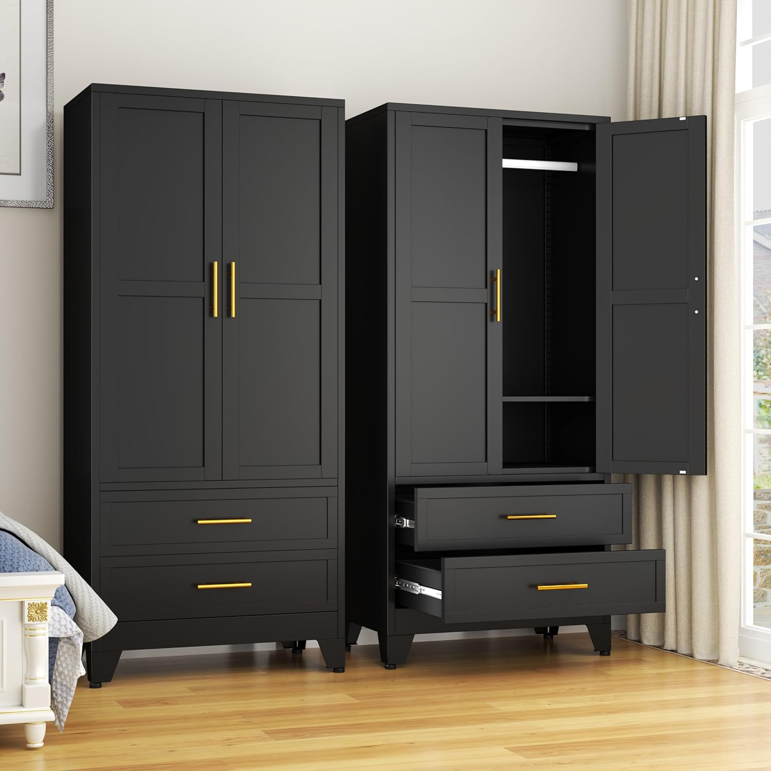 GAIOUS Steel Armoire Wardrobe Closet, 71″ Metal Clothing Storage Cabinets with 2 Doors, 1 Adjustable Shelf and 2 Drawers, Metal Wardrobe Cabinet with Hanging Rod for Bedroom, Gym, Cloak Room (Black)