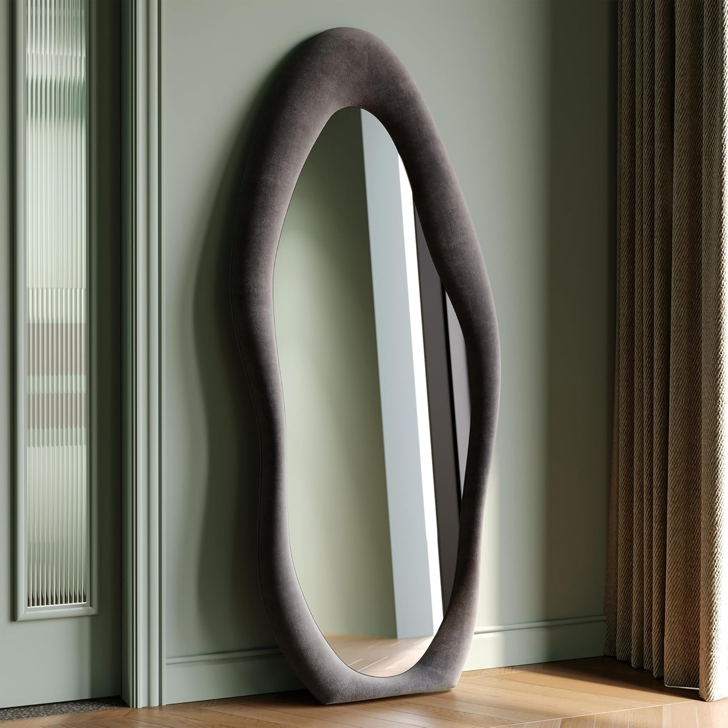 Honyee Full Length Mirror, 63″ x 24″ Wall Mirror, Flannel Wrapped Wooden Frame Full Body Mirror, Irregular Wavy Mirror Hanging or Leaning Against Wall for Cloakroom/Bedroom/Living Room, Grey