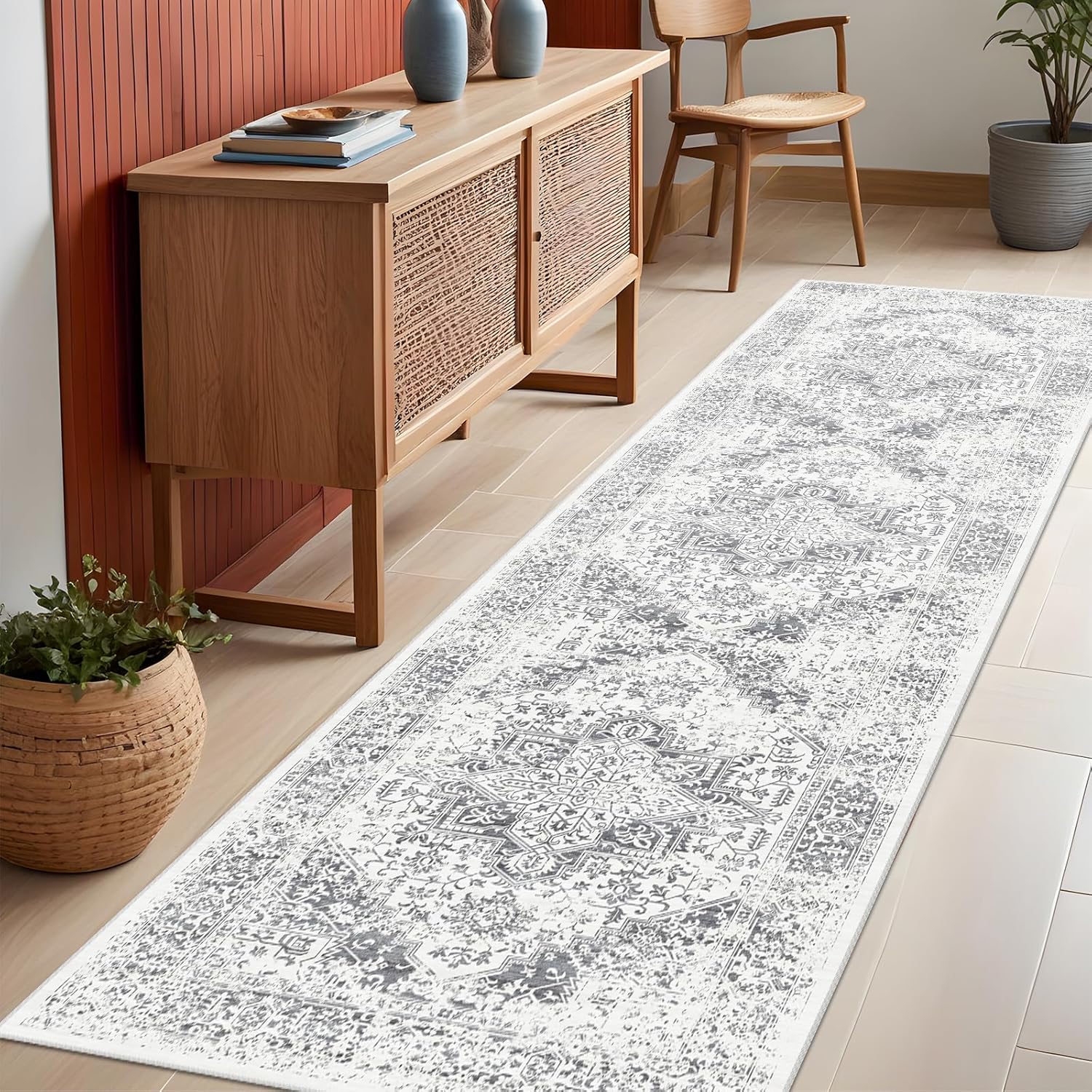 Washable 2’6”x8′ Runner Rug – Non-Slip Vintage Runner Rug for Entryway Low-Pile Medallion Long Rugs for Hallway Waterproof Traditional Runner Rugs Indoor Thin Rug for Kitchen (Grey)