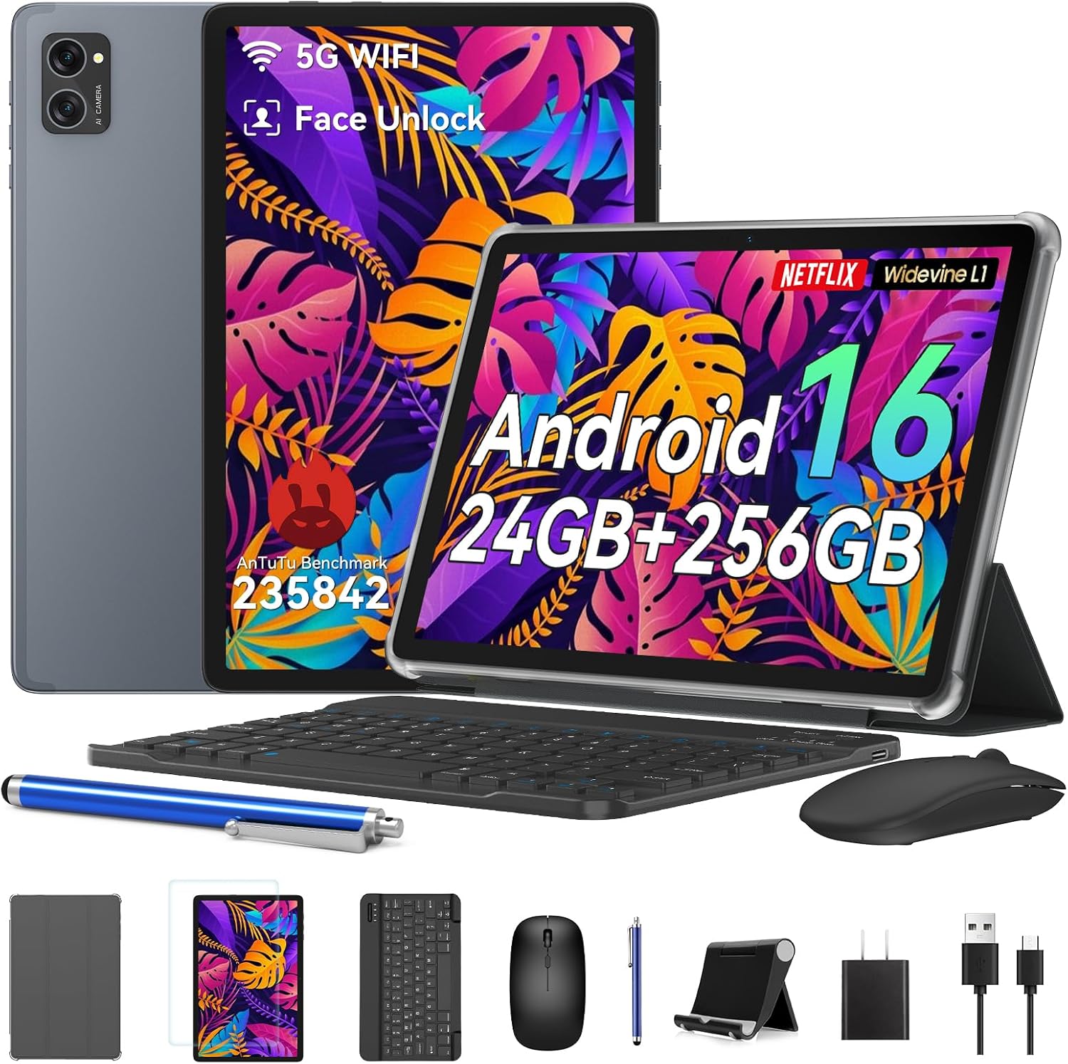 2026 Tablet Android 16, 10 Inch Tablet with Keyboard Mouse Stylus, 24GB+256GB/2TB TF, Widevine L1/Octa-Core/8MP AI Camera/1080P/5G WiFi/OTG/GPS/Bluetooth 5.0/Face Unlock/Gaming/4 Years Warranty