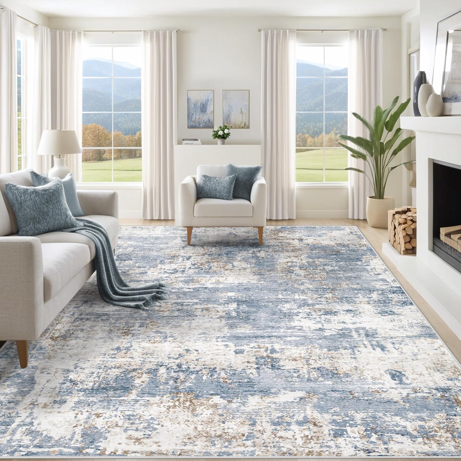 XLUEZ 8×10 Area Rugs for Living Room, Washable Modern Abstract Large Area Rug Neutral Soft Non Slip Kids Rug Stain Resistant Indoor Carpet for Bedroom Nursery Dining Room Playroom(Blue, 8’x10′)