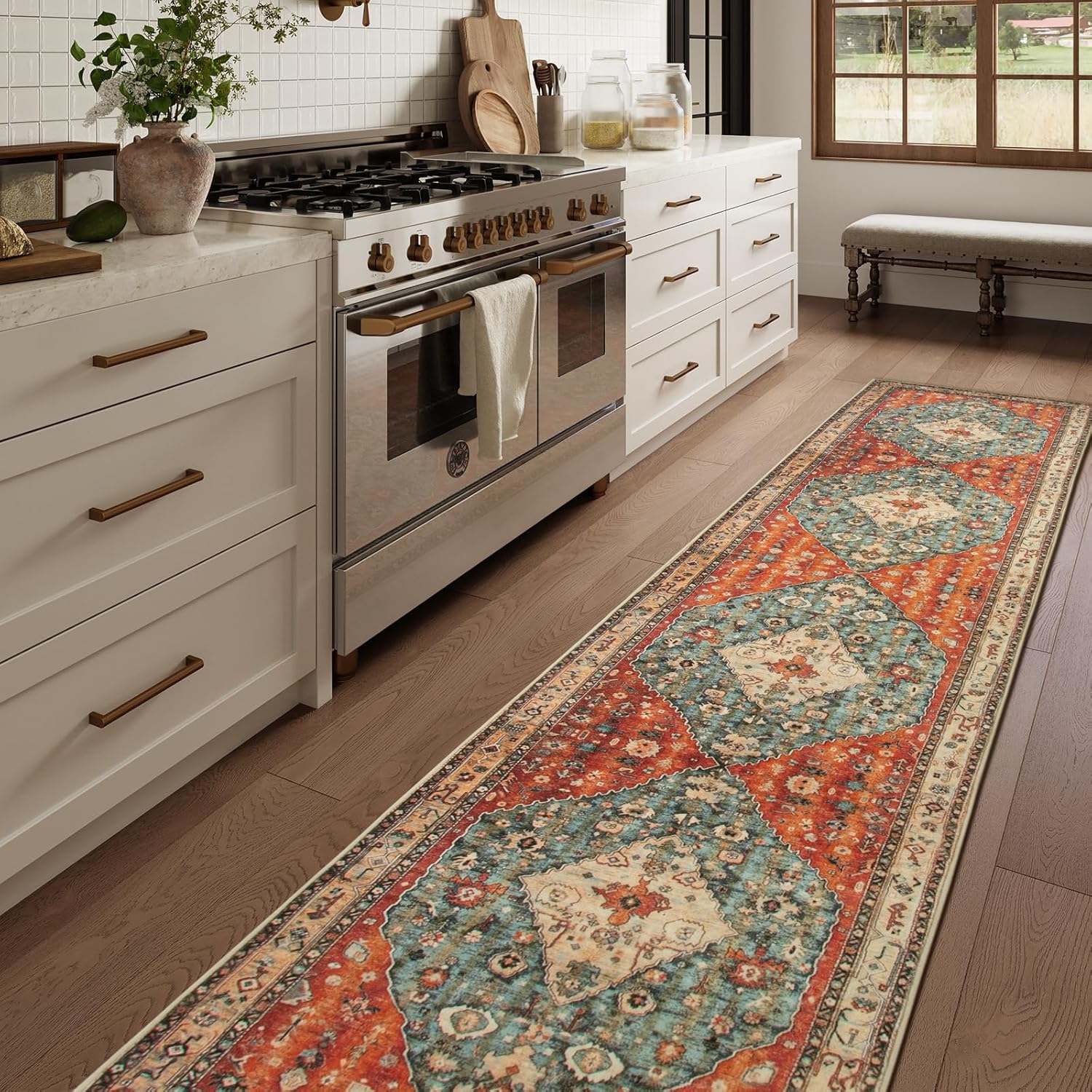 Lahome Felice Boho Tribal Runner Rugs with Rubber Backing, 2’6″x12′ Long Hallway Runner Rug Washable Kitchen Rug Runner, Soft Non Slip Indoor Stair Carpet Runner for Bathroom Bedroom Hardwood Floors
